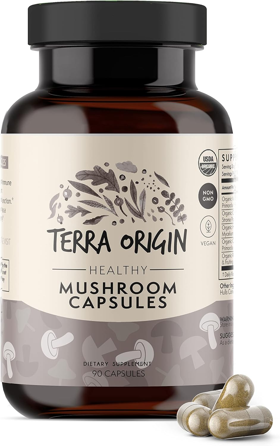TERRA ORIGIN Cápsulas de hongos saludables  Certificado USDA Orgánico  90 cápsulas vegetales  Hongo Reishi, melena de león  Potente apoyo