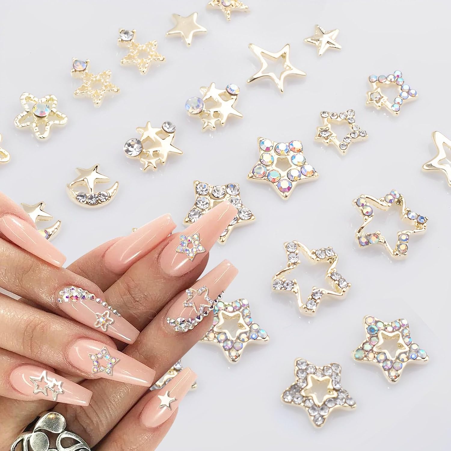 Shemboli – 24 dijes de uñas de estrella para uñas acrílicas, estrellas doradas 3D, diamantes de imitación de uñas, gemas de uñas, pentagrama, lindos