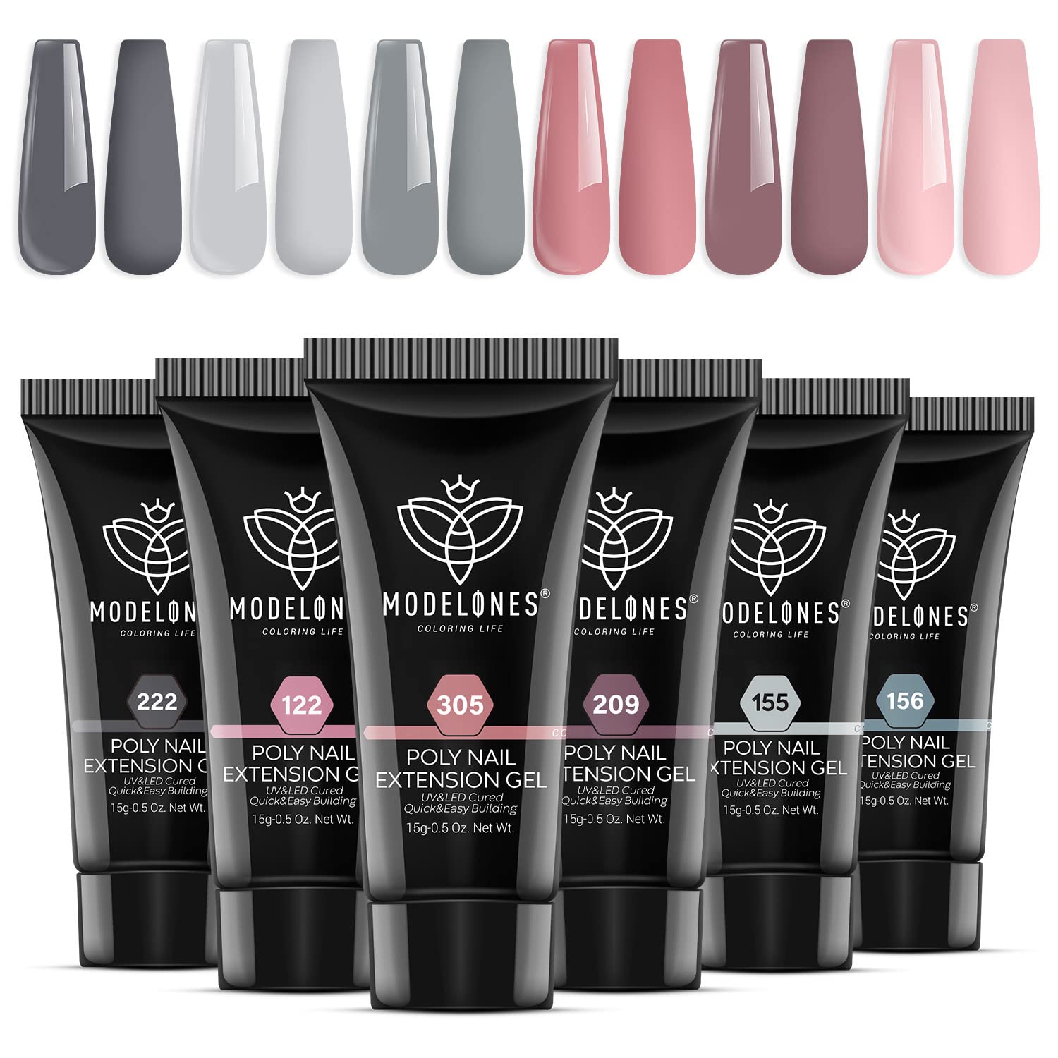modelones Juego de gel de extensión de uñas de poli, 6 colores nude, gris, rosa, colección clásica, poligel, colores de verano, gel de uñas, diseño