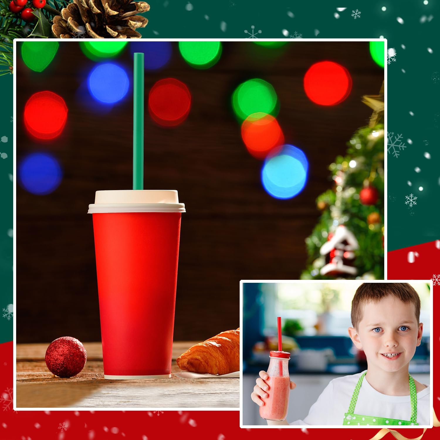 Zhehao 200 popotes de plástico para Navidad, color verde y rojo, pajitas desechables de plástico duro, popotes de plástico reutilizables para