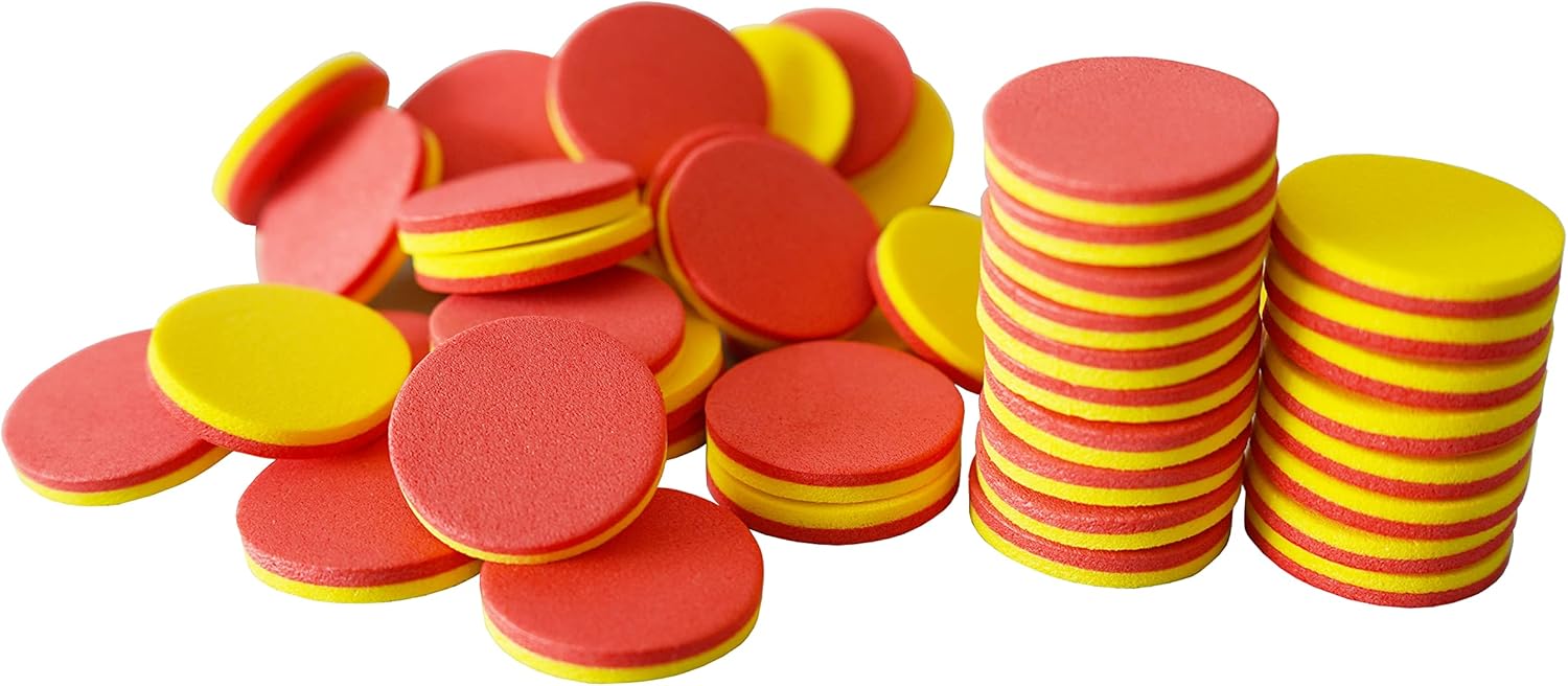 DNB Contadores de espuma de 2 colores, contadores matemáticos de doble cara rojo-amarillo de 1 pulgada, fichas de conteo de aprendizaje temprano,