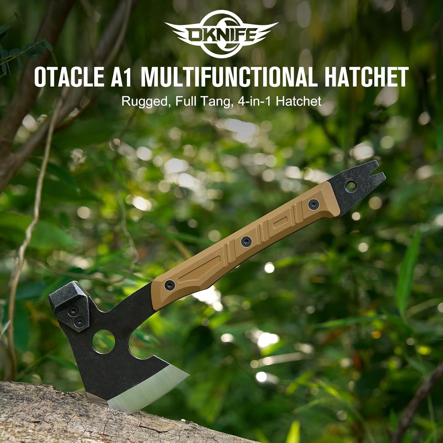 OKNIFE Otacle – Hacha multifuncional A1, resistente, espiga completa, hacha 4 en 1, cómoda, agarre antideslizante con funda Kydex duradera