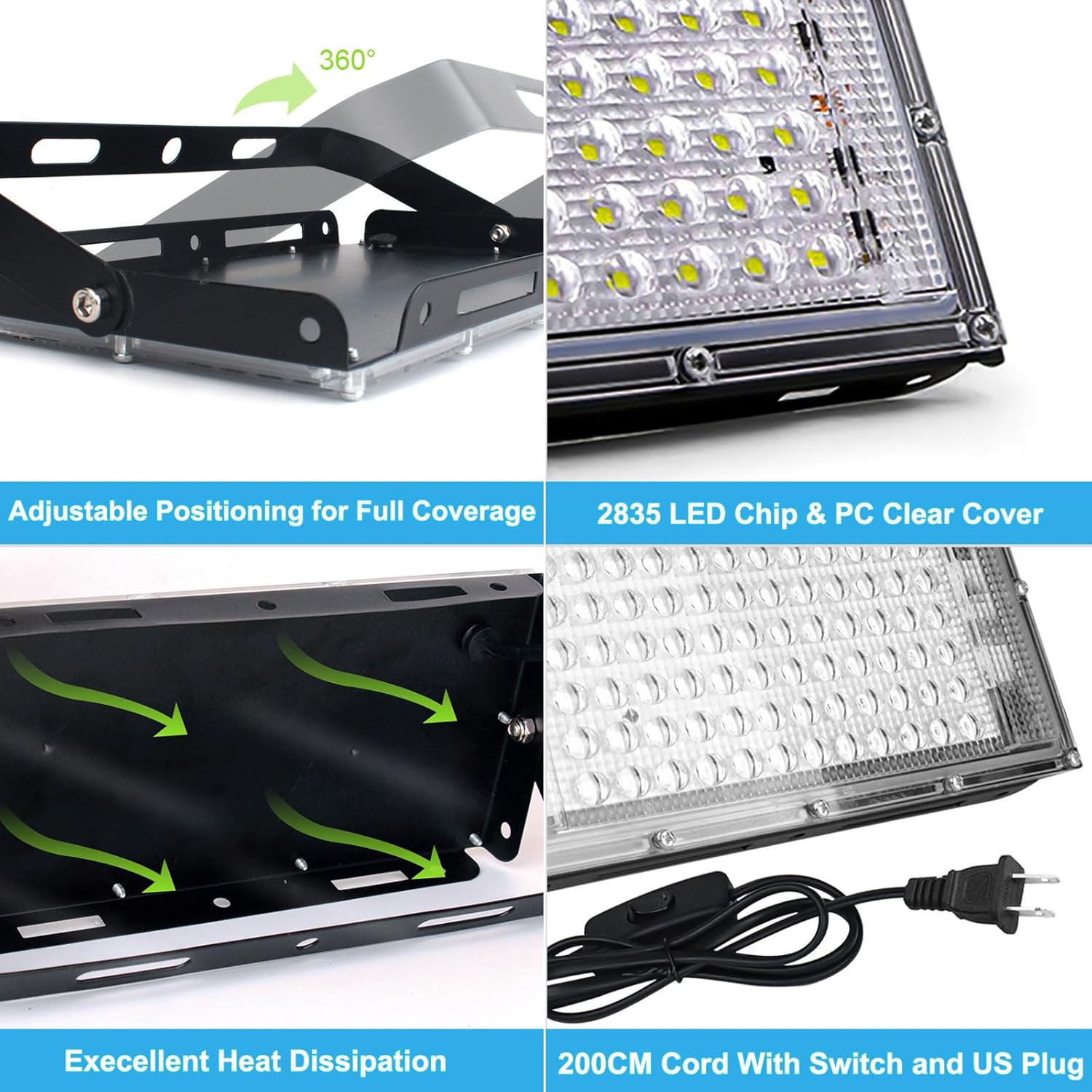 100W LED Outdoor Flood Light, 2 Pack 8000LM Plug in Flood Light Outdoor, IP66 Waterproof Exterior Security Lights, 6500K Daylight White Super Bright