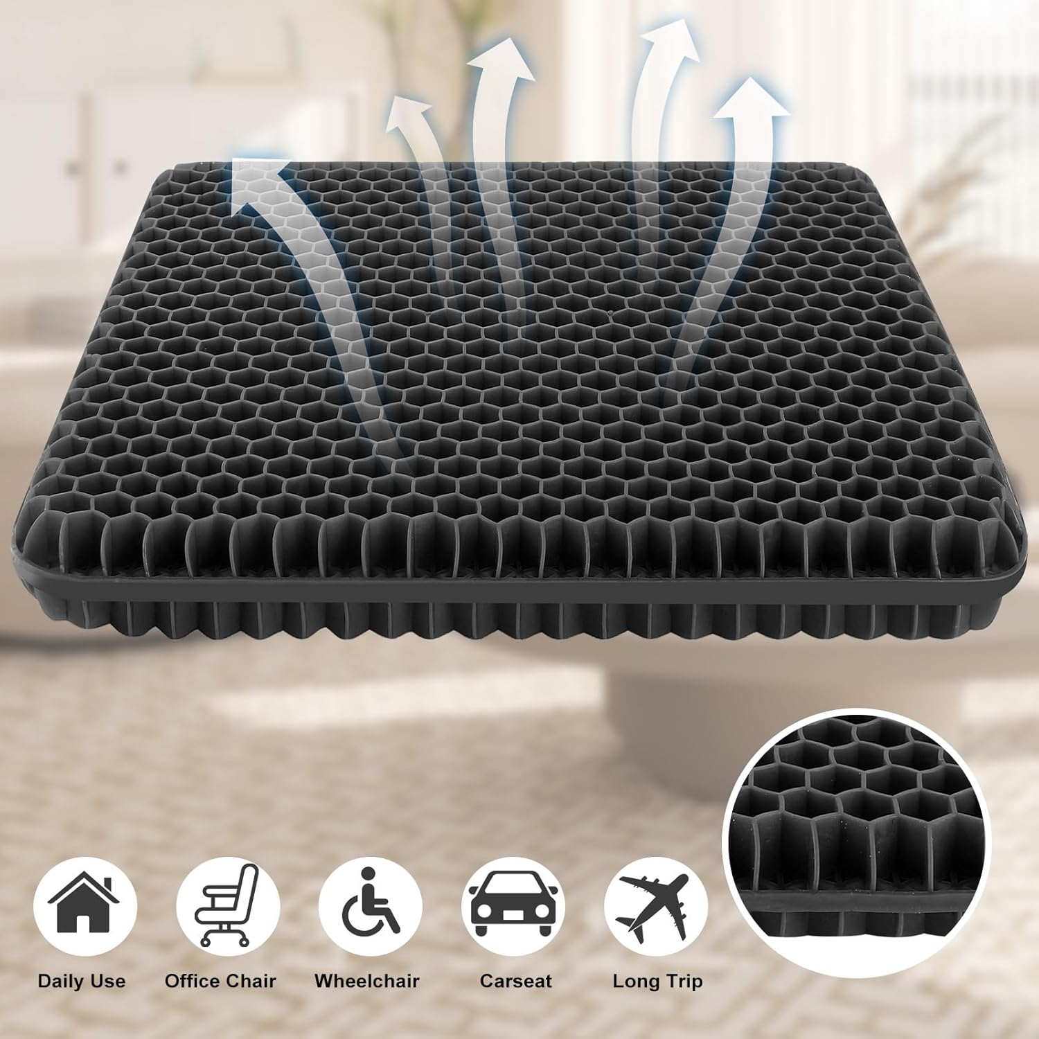 Airllantry Cojín de asiento negro, cojín de asiento de gel para sentarse durante mucho tiempo, dolor de espalda, ciática, almohadilla de alivio del