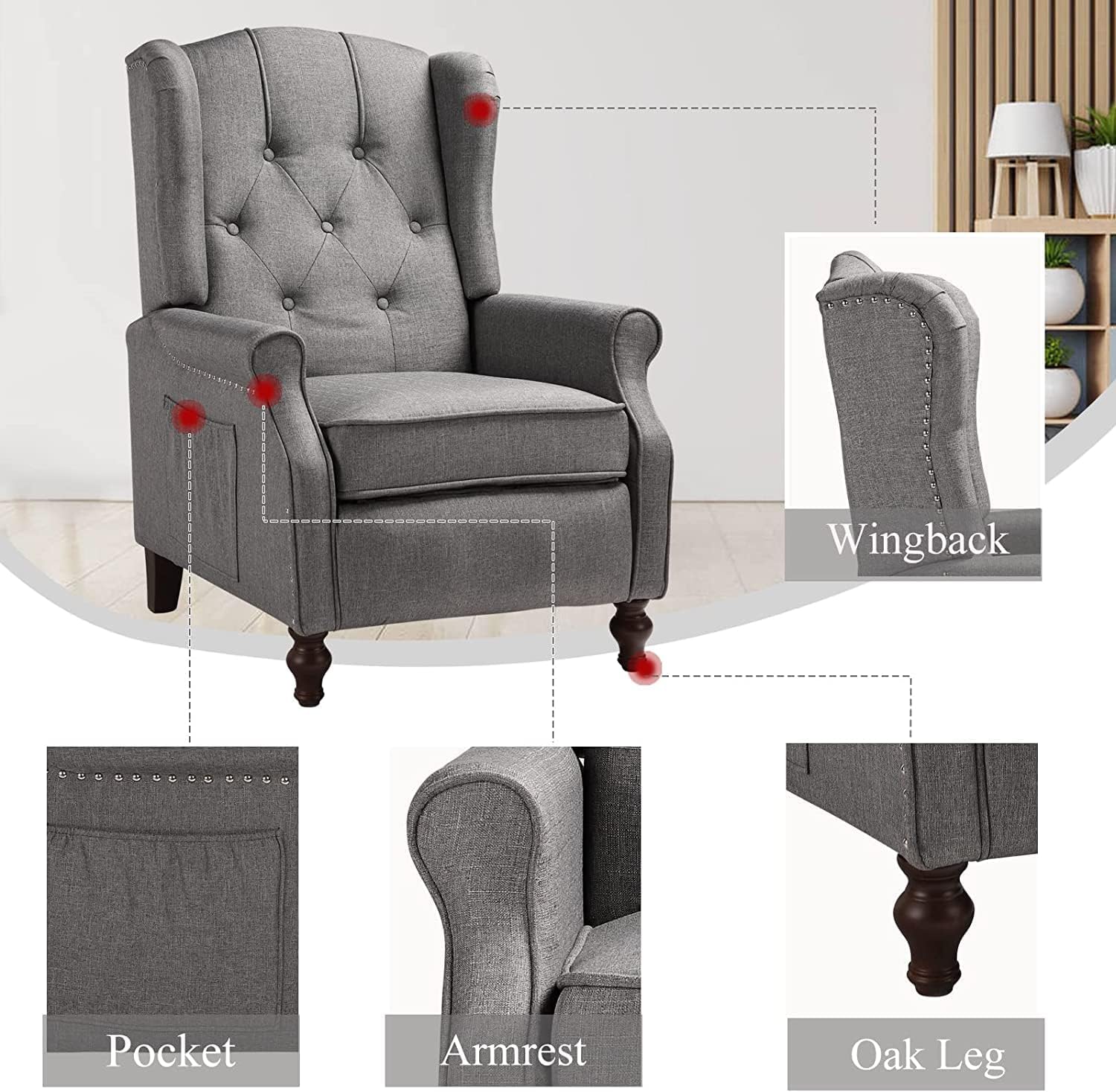 OQQOEE Wingback – Silla reclinable de tela, sillas decorativas con respaldo acolchado de diamante con respaldo ajustable y cojines acolchados