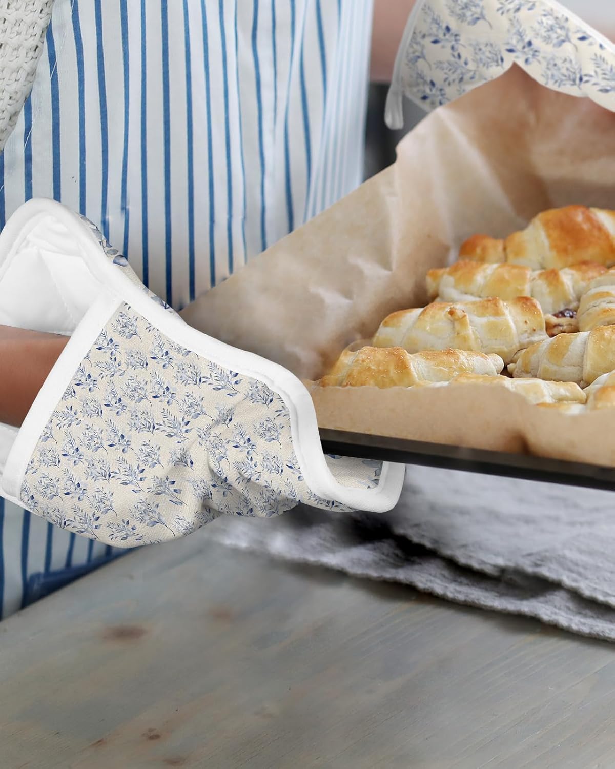 Elegant Flower 4Pcs Pot Holders for Kitchen,Non Slip & Heat Insulation Terry Cloth Potholder Set with Pocket,Thick Hot Pad Oven Mitts Trivet Coaster