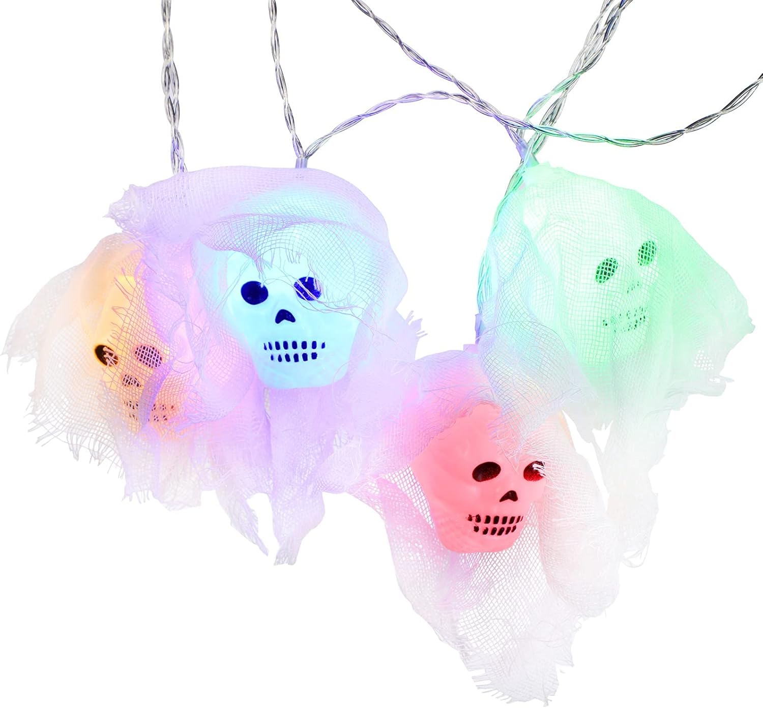 TORCHSTAR Luces de calavera de Halloween, 10 luces LED de gasa blanca para interiores y exteriores, decoración de fiestas de vacaciones, funciona