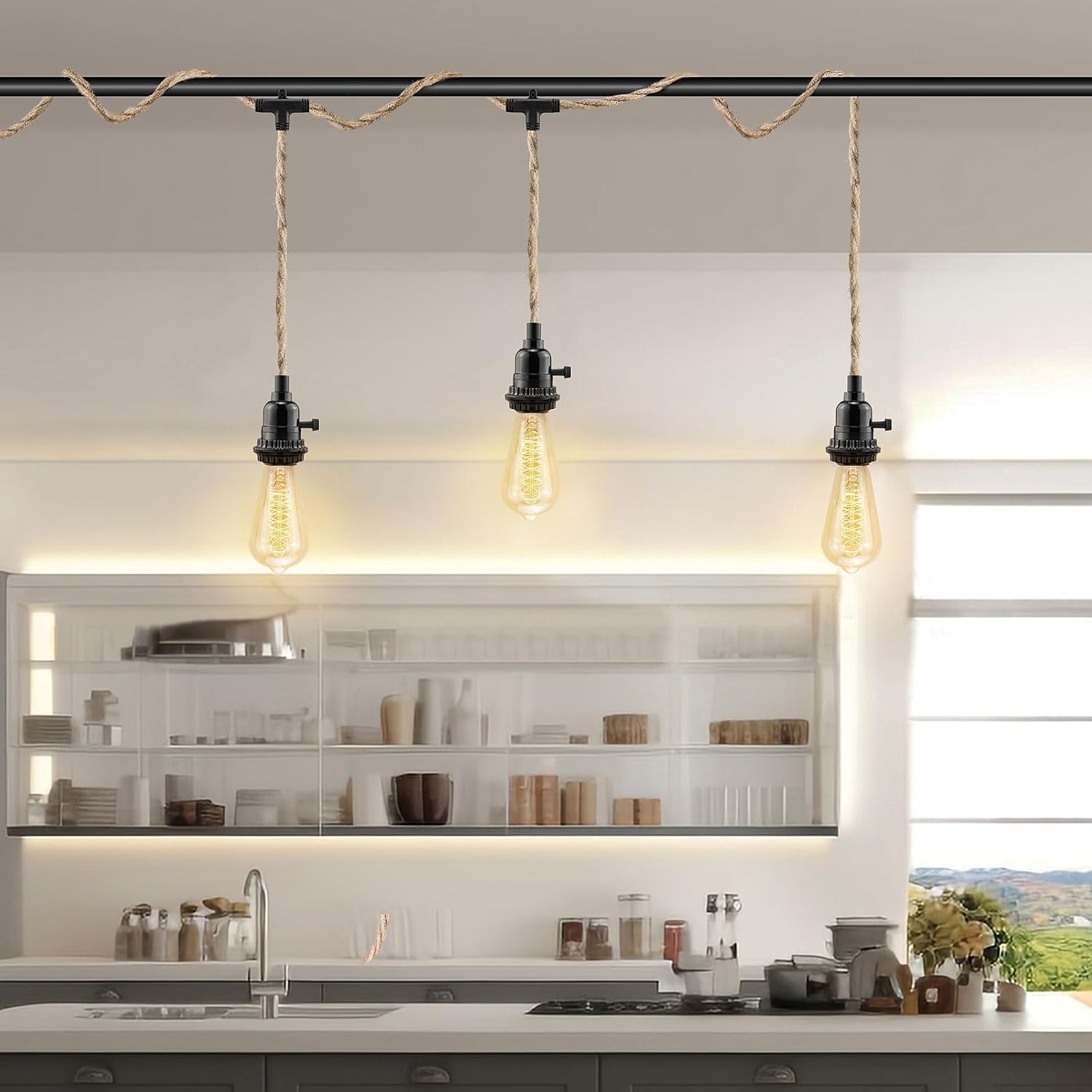 LYOOWNG Cable de luz colgante de 3 luces, luces colgantes de 25 pies con cable de enchufe, kit de luces colgantes de cuerda de cáñamo con