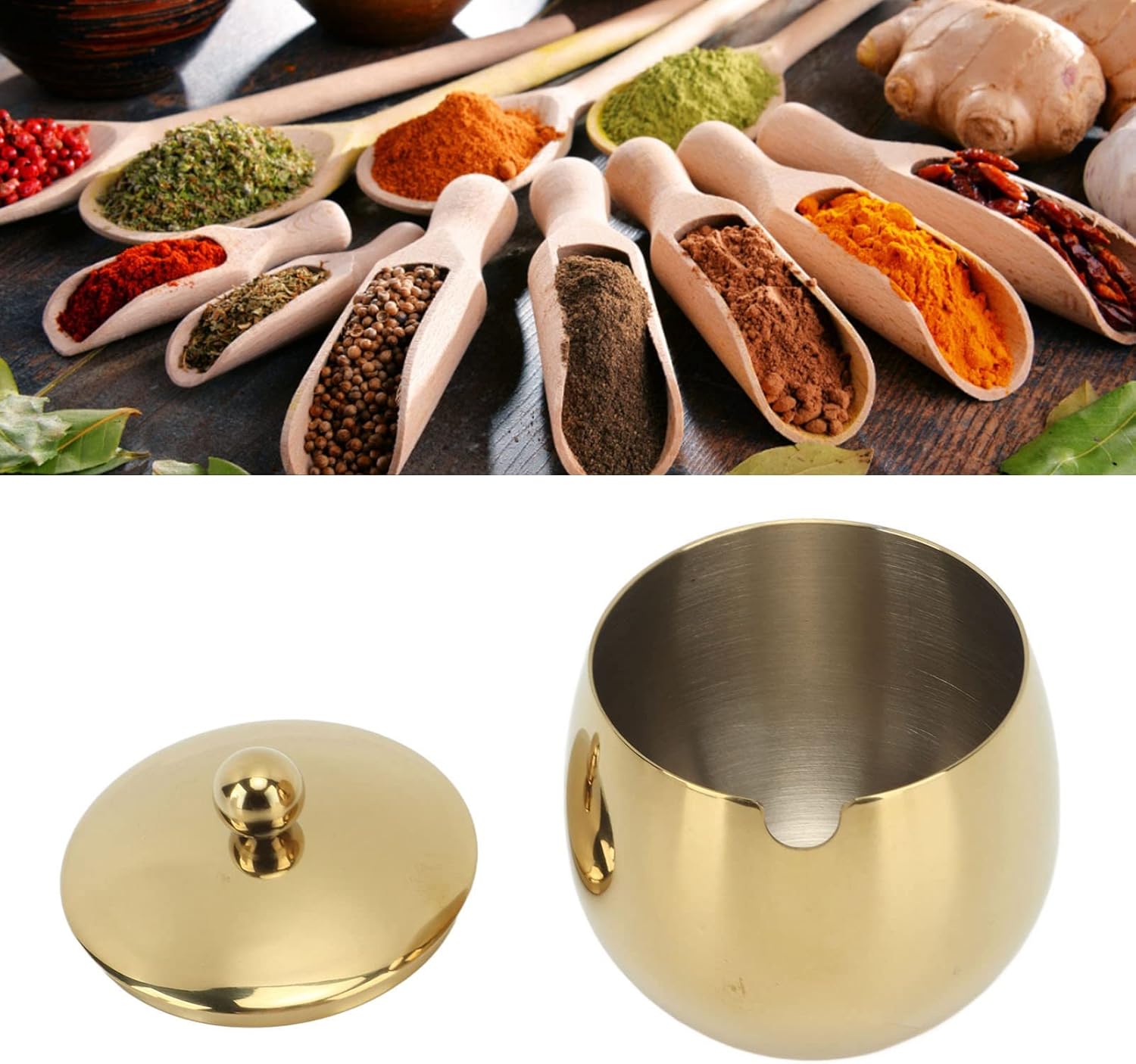 Pssopp Azucarero con tapa, tarro de especias de acero inoxidable, recipiente pequeño para condimentos para el hogar y la cocina (dorado)