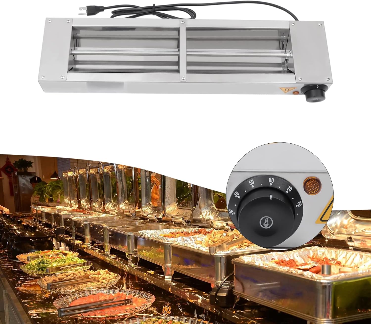 Lámpara de calor para alimentos, lámpara calentadora de alimentos con cable y enchufe, 110 V, 500 vatios, color plateado (24 pulgadas)