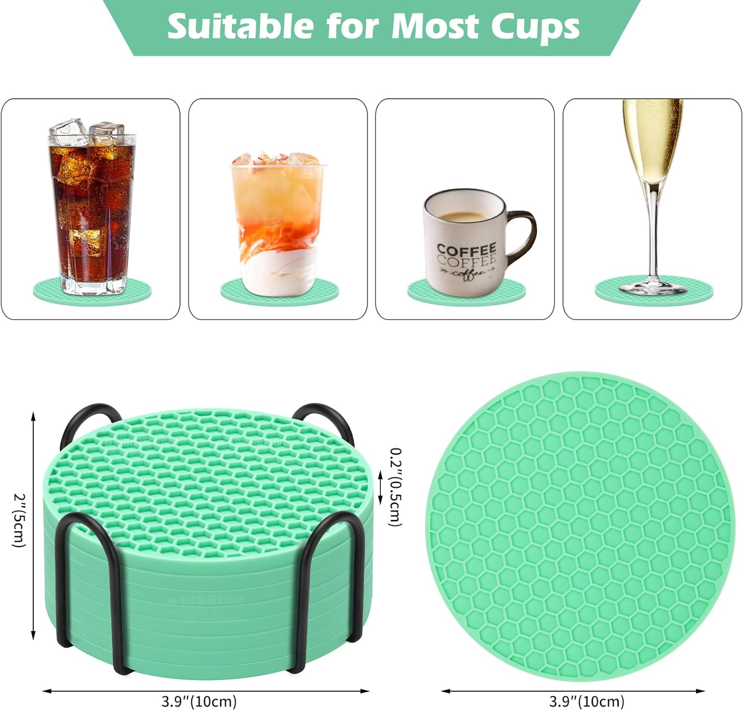 Juego de 8 posavasos de silicona con soporte, posavasos para bebidas, cerveza, café, adecuados para tipos de tazas, calientes o fríos,