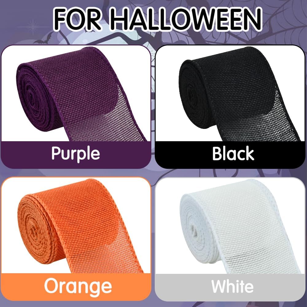 TONIFUL 4 rollos de cintas de arpillera con alambre, negro, naranja, morado, blanco, cinta de arpillera sintética de 2.5 pulgadas, para Halloween,