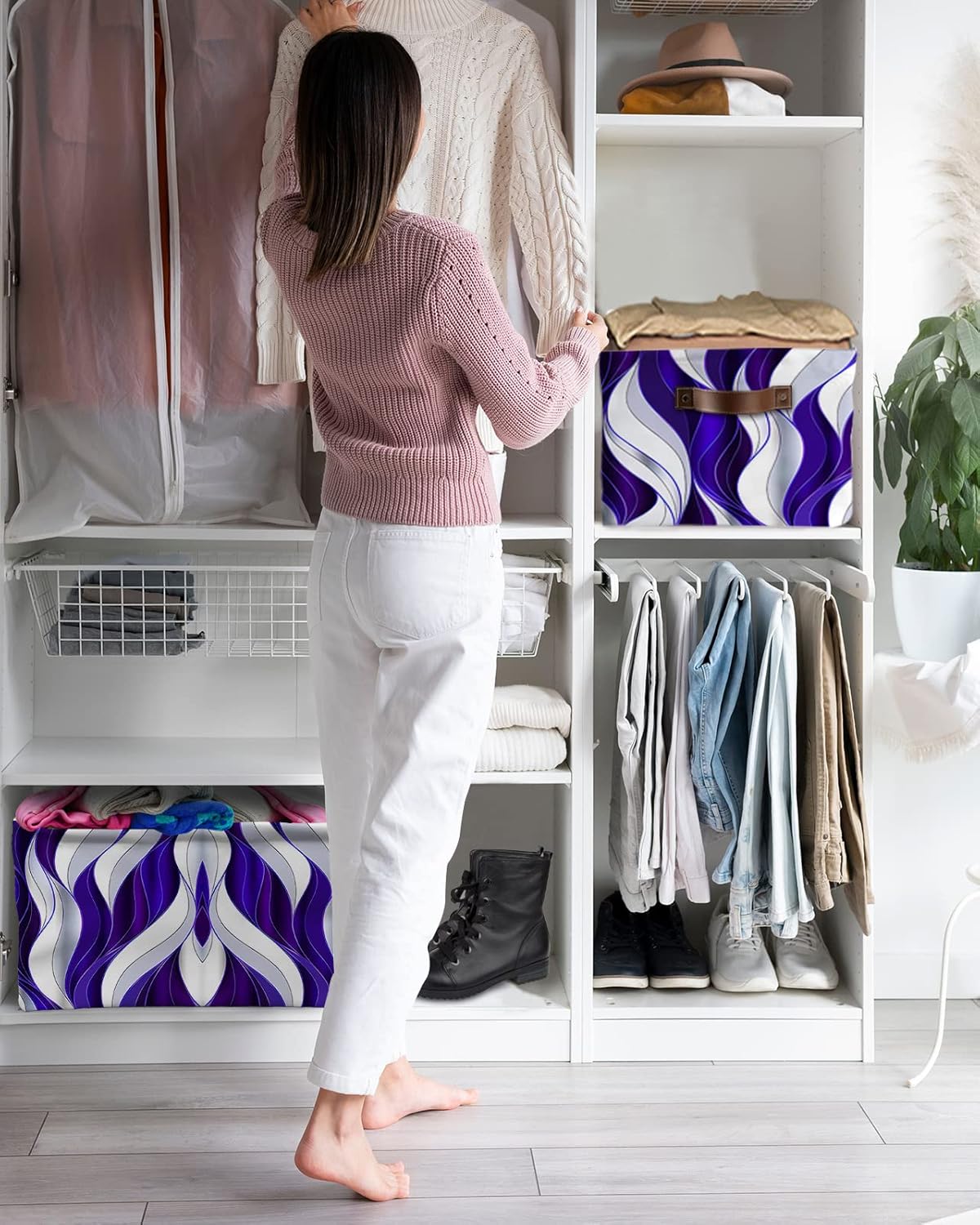 Blue Geometric Storage Basket for Organizing Shelves, Collapsible Storage Bins Boxes with Handle, Modern White Ripple Abstract Art Canvas Hamper