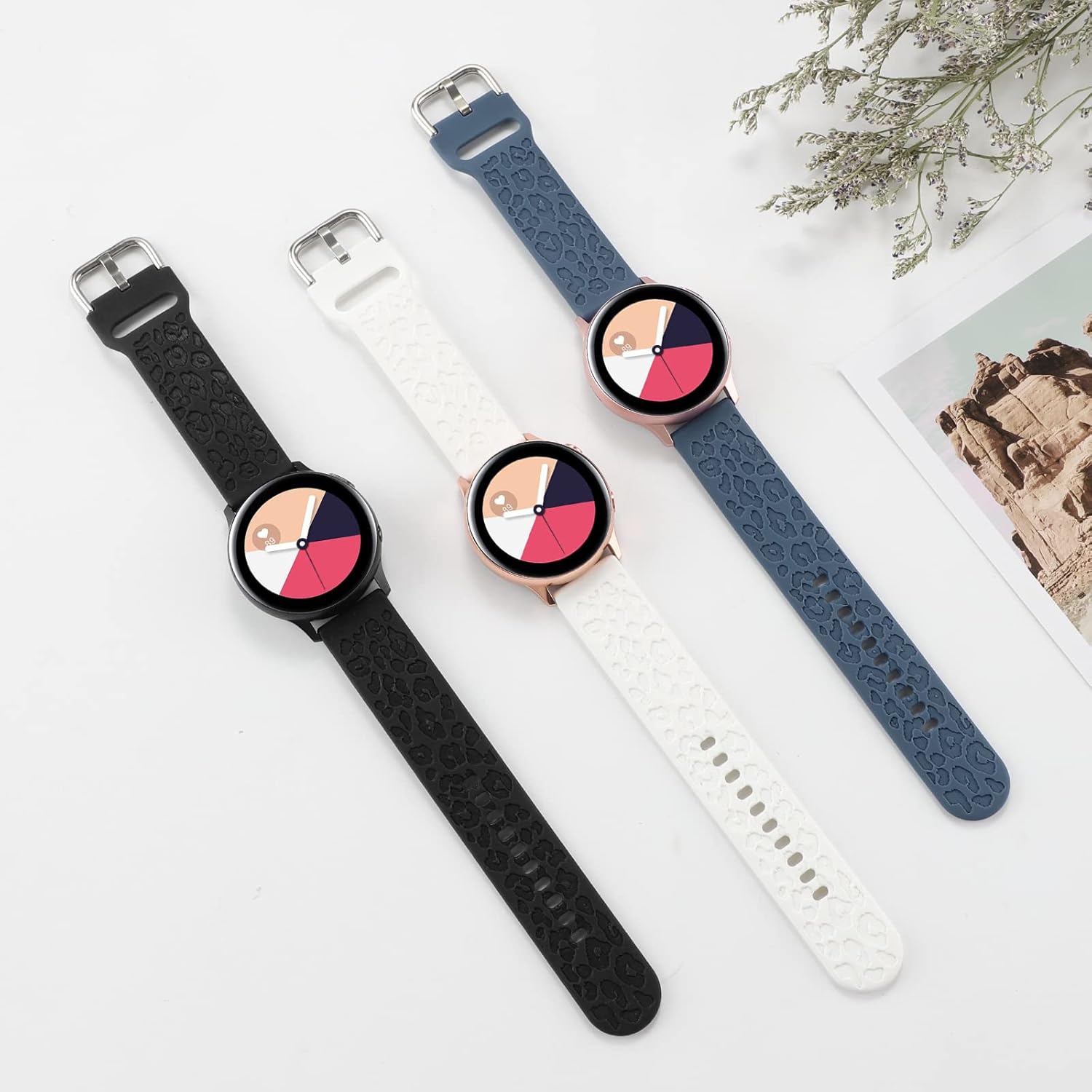 Paquete de 3 correas grabadas de guepardo compatibles con Samsung Galaxy Watch 4 de 1.575in, 1.732in, Watch 3 de 1.614in, Active 2, 1.575in,