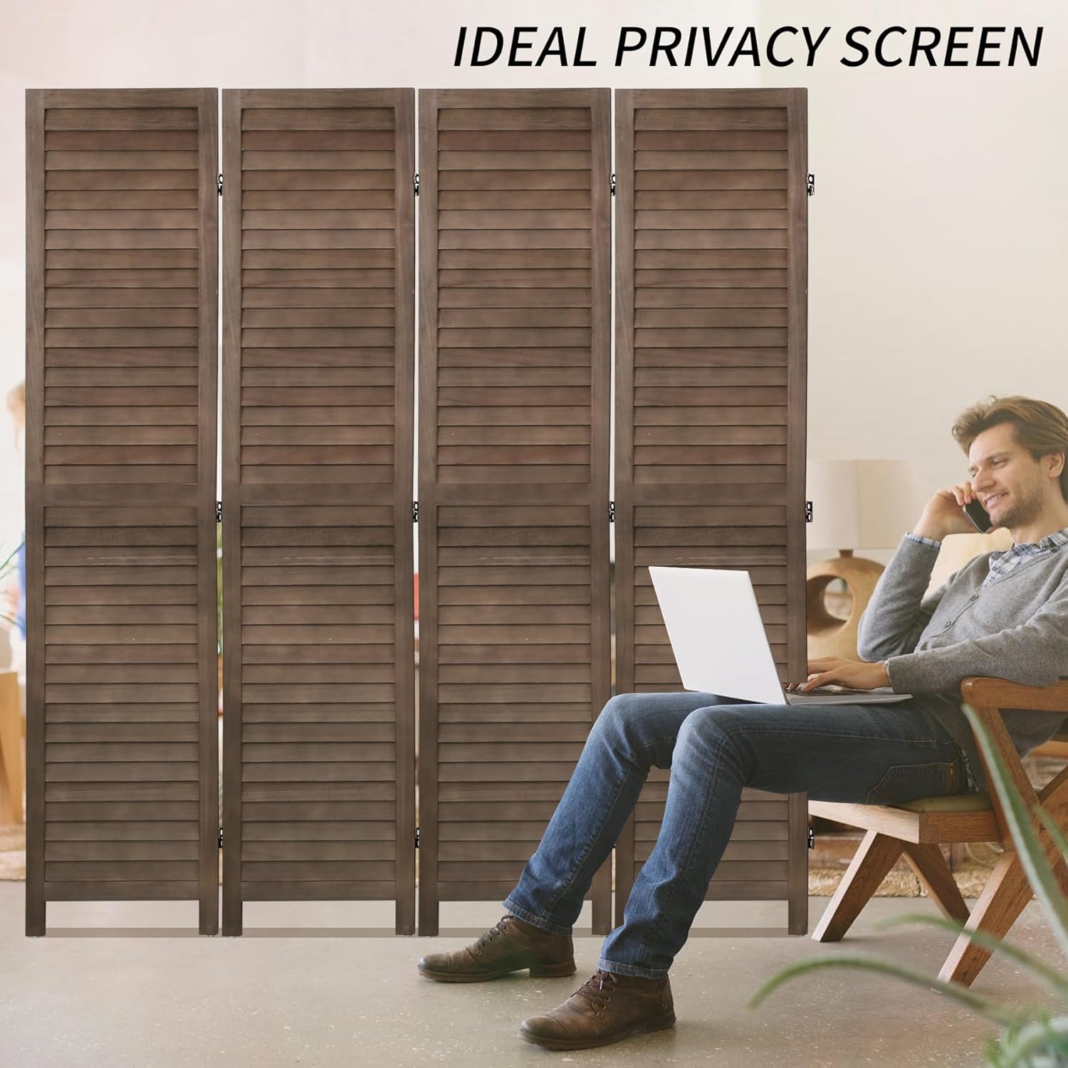 BLKMTY Divisor de habitación, 4 paneles de pantalla plegable de madera, pantalla de privacidad de 5.6 pies de alto, pantalla de privacidad