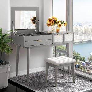 EDWINENE Escritorio de maquillaje 43.3 con espejo abatible y cajones, tocador con espacio de almacenamiento y taburete acolchado, juego de EDWINENE Escritorio de maquillaje 43.3 con espejo abatible y cajones, tocador con espacio de almacenamiento y taburete acolchado, juego de