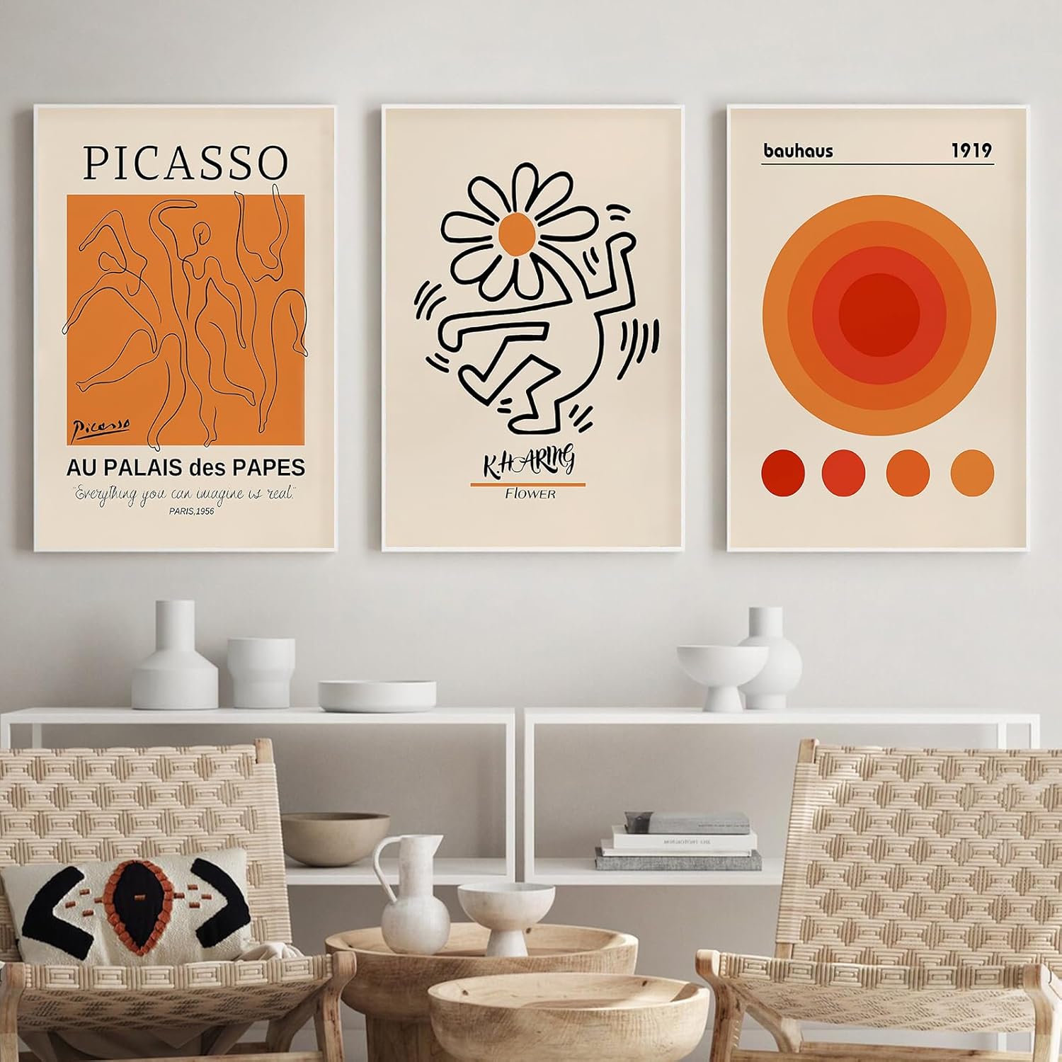 Arte de pared naranja de mediados de siglo, Keith Haring Bauhaus Picasso, arte de pared, póster de la exposición Picasso Bauhaus, lienzo beige y
