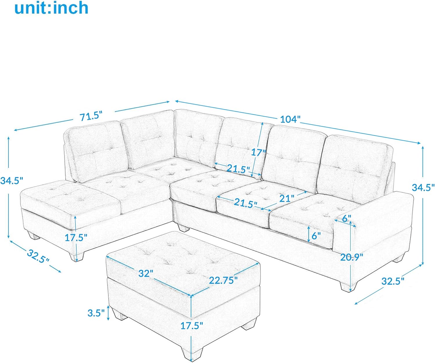 Sofá modular modular, muebles de sala de estar modernos con diván reversible, sofá tapizado de terciopelo en forma de L con otomana de