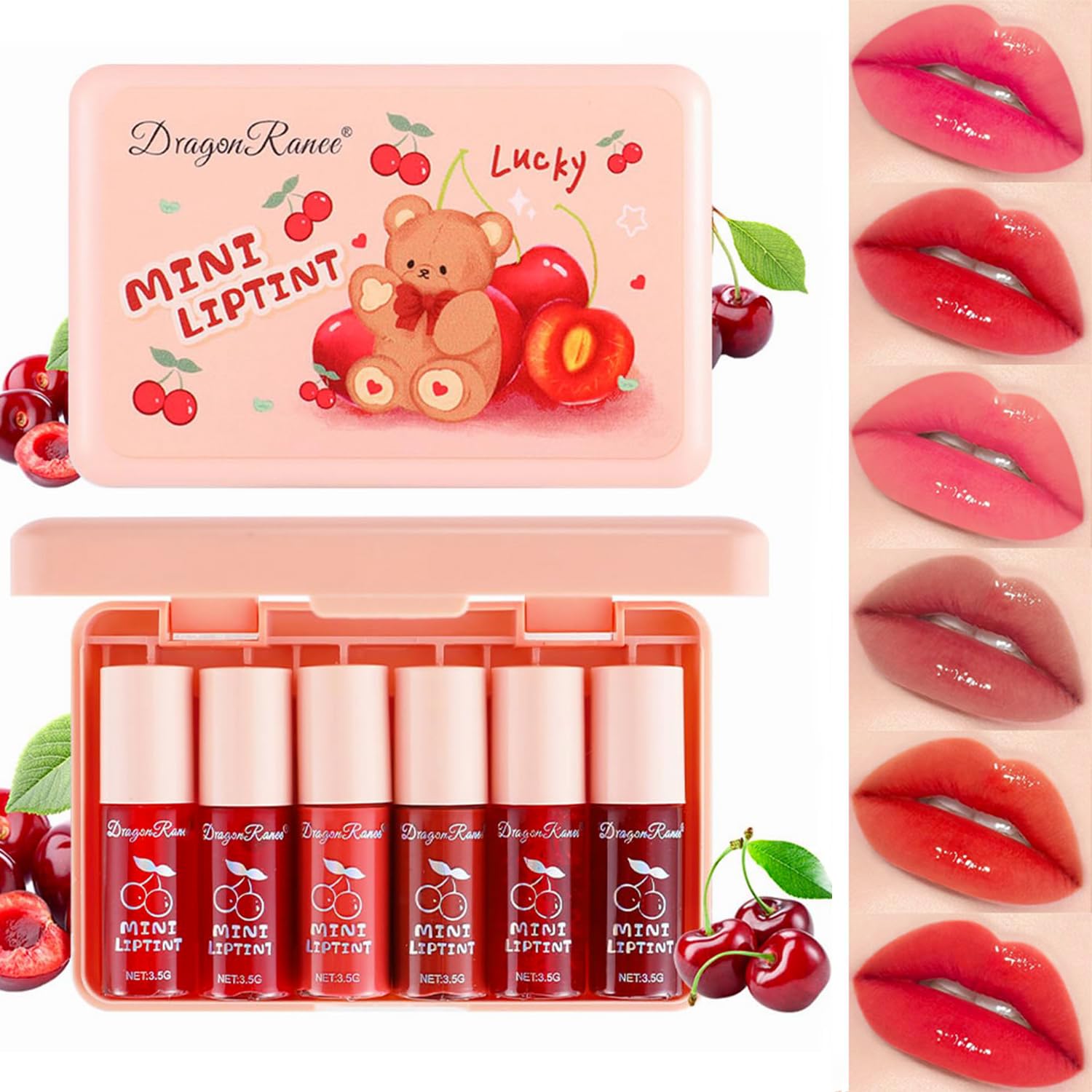 Juego de 6 colores de tinte de labios de cereza, brillo de labios coreano, mini lápiz labial líquido, tinte de labios y mejillas multiusos, taza