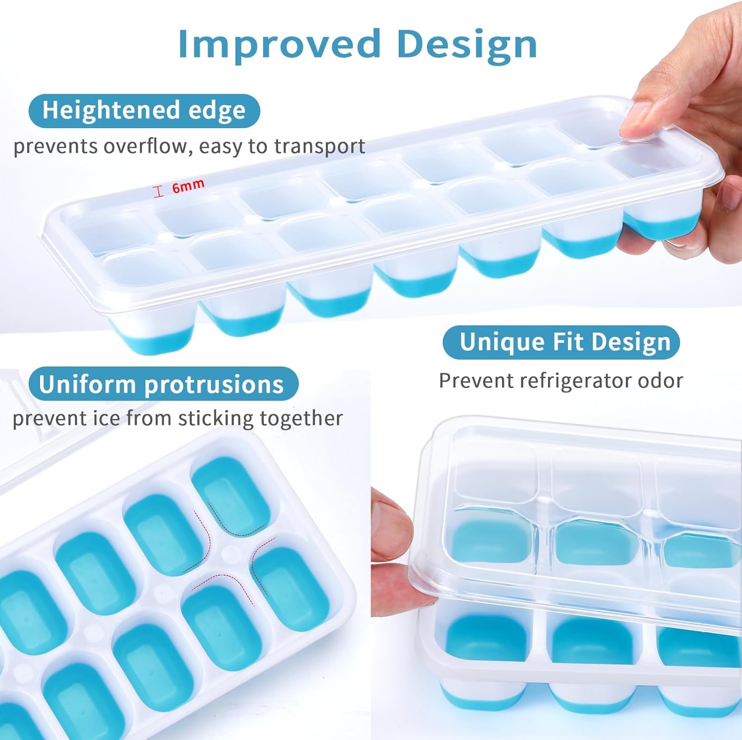 ARTLEO Bandeja para cubitos de hielo con tapa y contenedor, paquete de 4 bandejas de plástico de silicona para cubitos de hielo para congelador con
