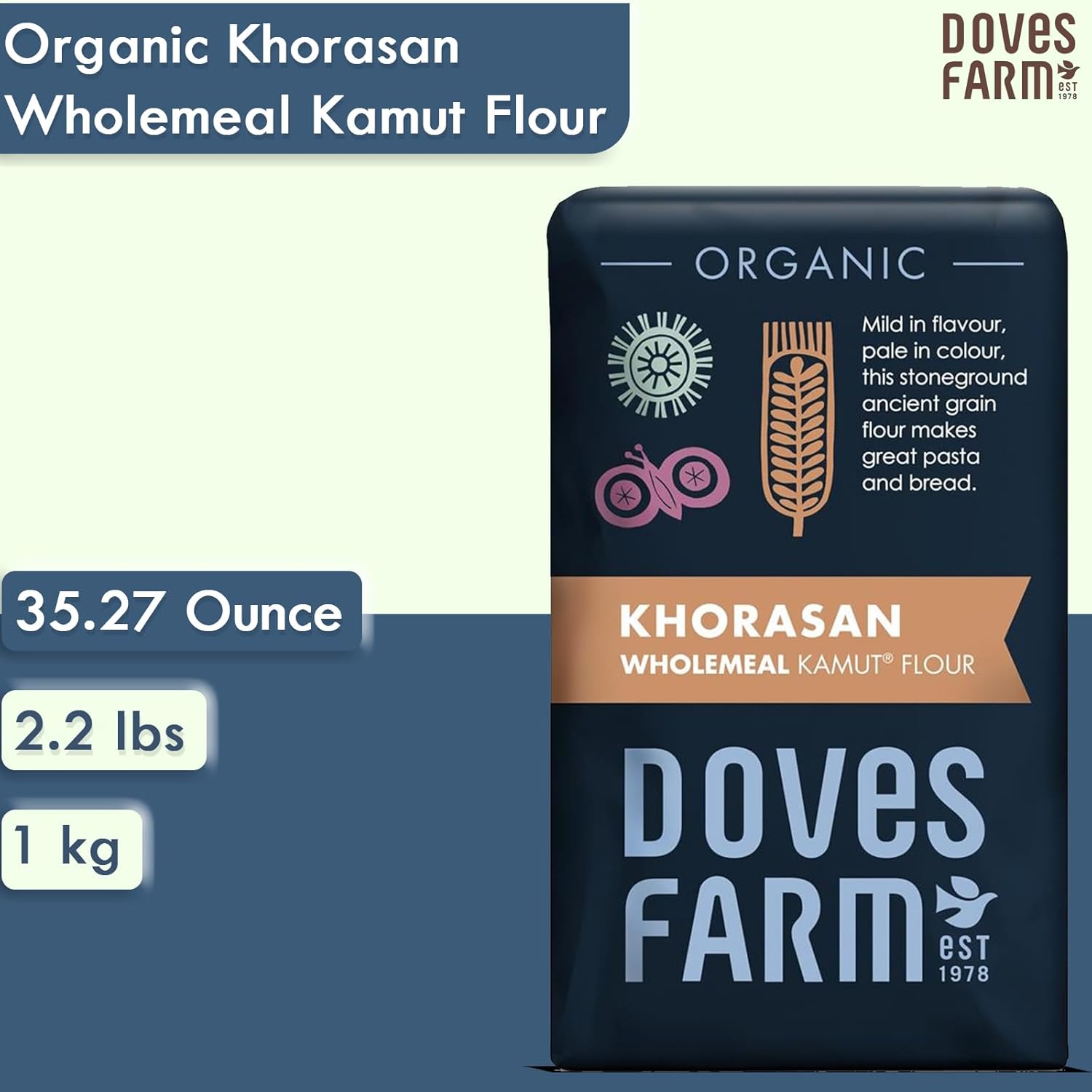 Doves Farm – Harina de pan integral orgánica Kamut Khorasan  2.2 lbs  Mezcla de granos antiguos rica en nutrientes para panaderos conscientes de la