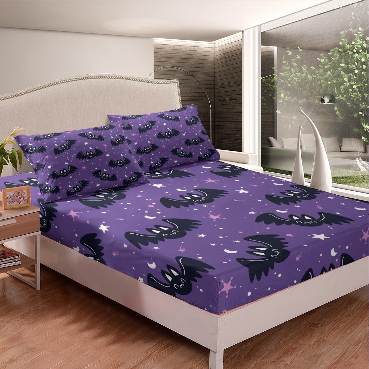 Lindas sábanas de murciélagos tamaño Queen, juego de sábanas de Feliz Halloween para niños y niñas, Kawaii cielo estrellado estrellas luna, sábana