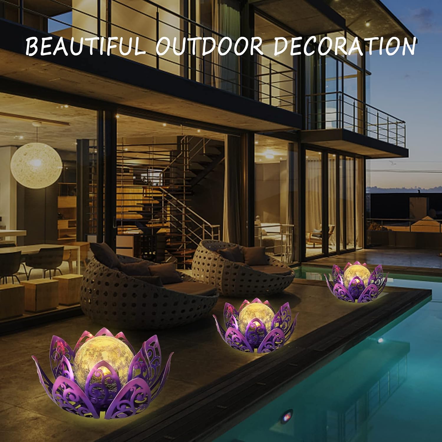 Luces solares de jardín para exteriores, lámpara solar de loto impermeable, globo de cristal agrietado de metal, luz LED de decoración de flor de