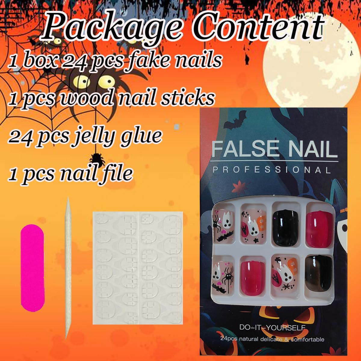 24 uñas postizas cuadradas cortas de Halloween, con pegamento, diseño de araña, estrella, murciélago, acrílico, cobertura completa, color negro,