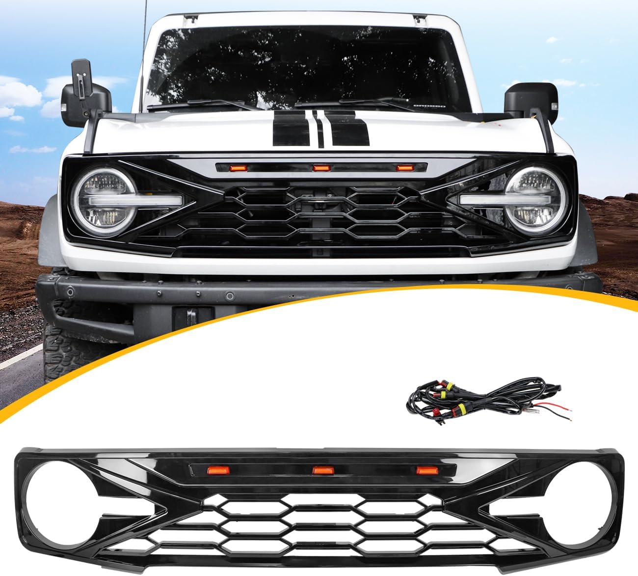 Kits de repuesto para parrilla delantera negra brillante con luces LED compatibles con Ford Bronco 2021 2022 2023 2 2 puertas 4 puertas parrilla de