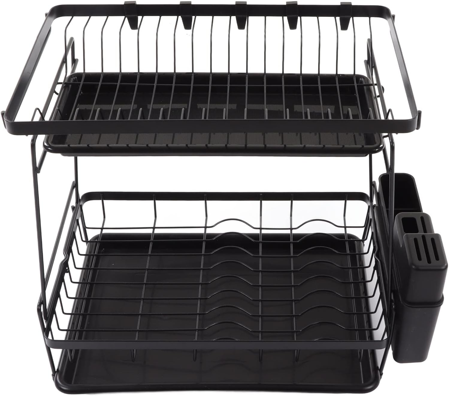 Escurridor de platos con escurridor de platos grande de 2 niveles con soporte para utensilios, estante para tazas, colador de disco de acero al