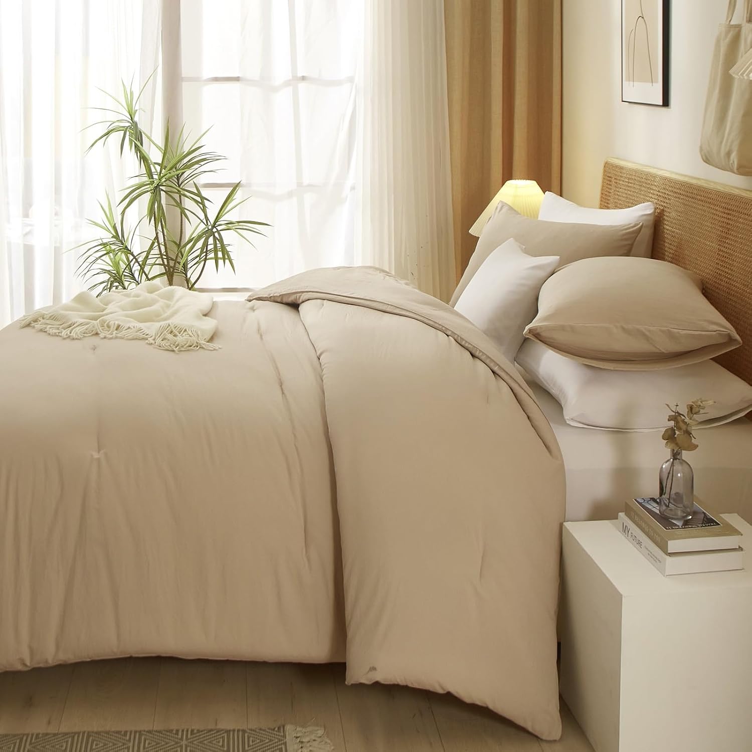 AMWAN Juego de edredón de color caqui, tamaño Queen, juego de ropa de cama y colecciones de 3 piezas, color caqui, para todas las estaciones, juego