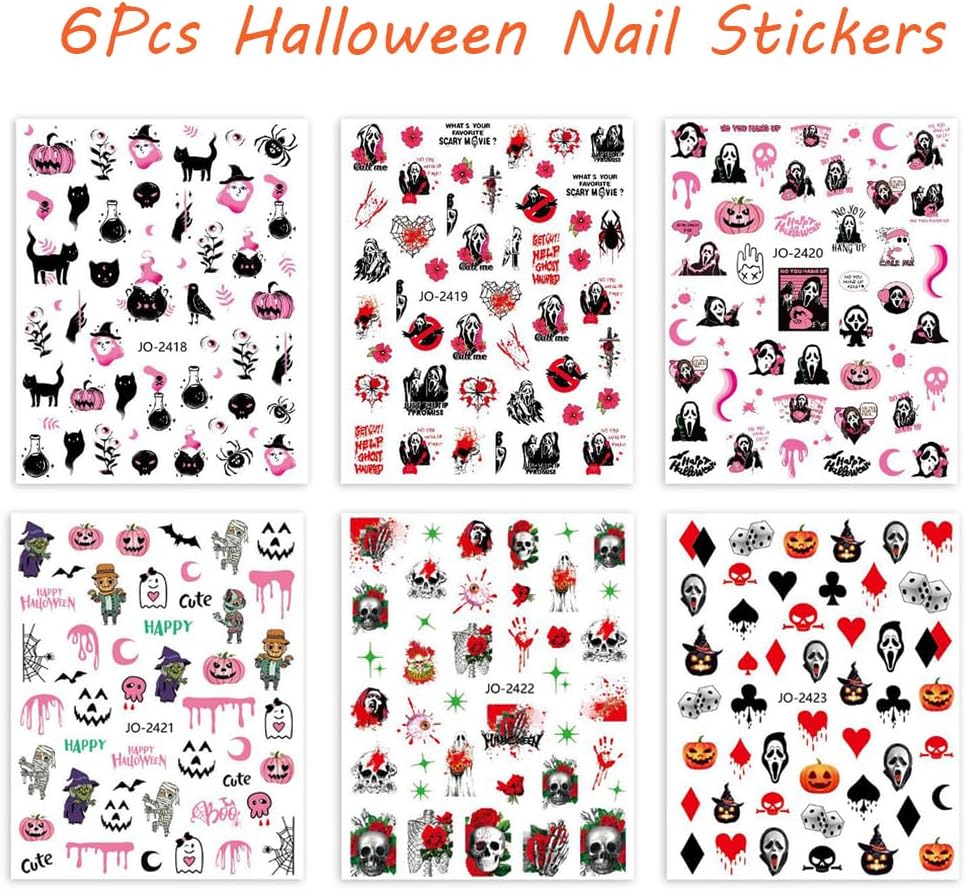 6 hojas de calcomanías de arte de uñas de Halloween 3D, autoadhesivas, bruja, gato negro, calavera, araña, calabaza, fantasma, diseño de uñas,
