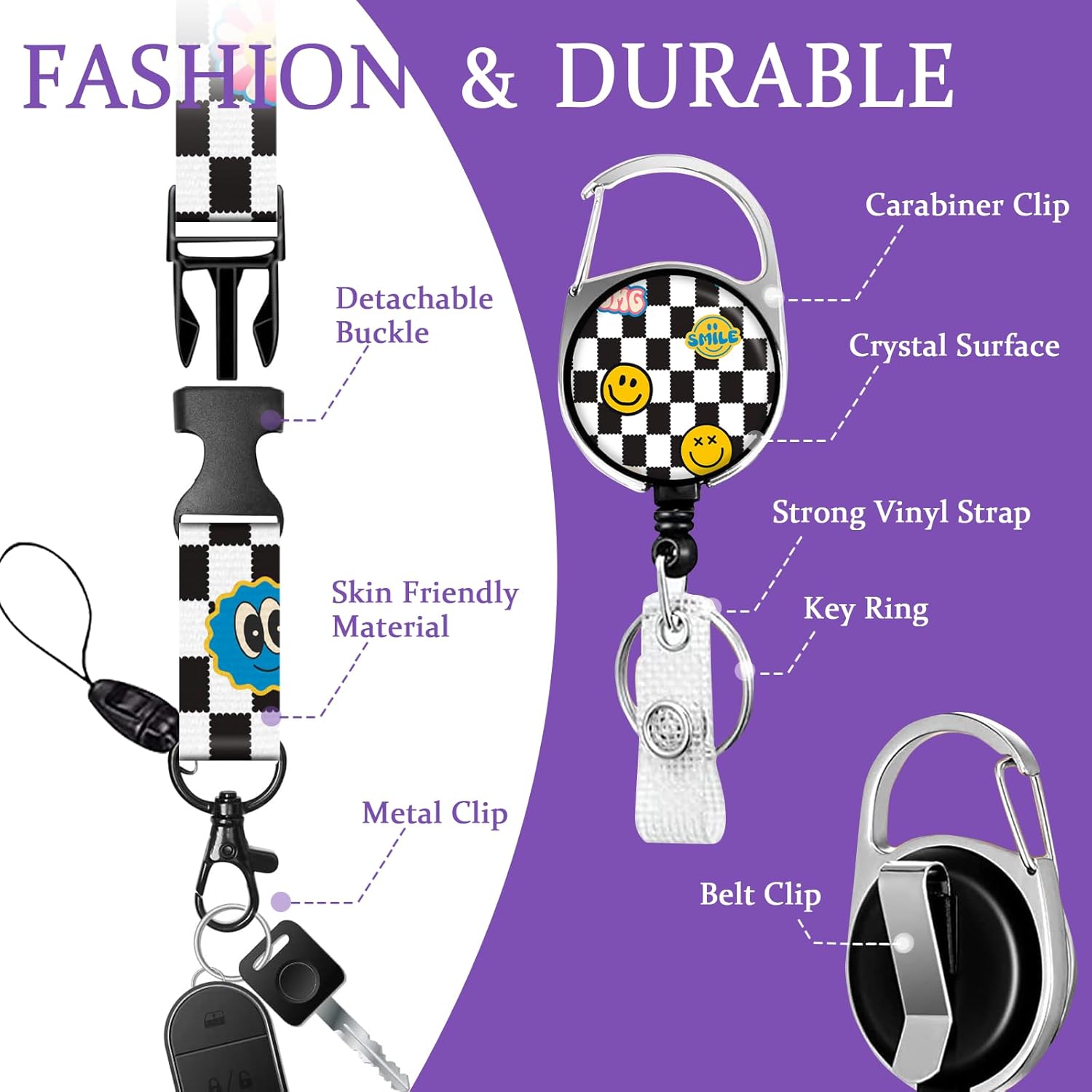 Cordones de cara sonriente para insignias de identificación para mujer, lindo soporte de rejilla en blanco y negro con soporte retráctil de cordón,