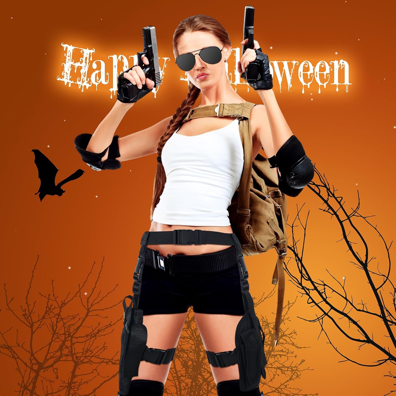 3 piezas de disfraz de Halloween para mujer, cosplay, pierna caída, ajustable, pistola, pistola, con bolsas para revistas, medio dedo, punk, guantes