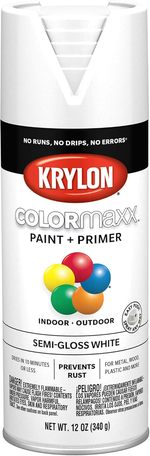 Krylon K05580007 COLORmaxx – Pintura y base en aerosol para uso en interiores y exteriores, color blanco semibrillante, 12 onzas (paquete de 1)