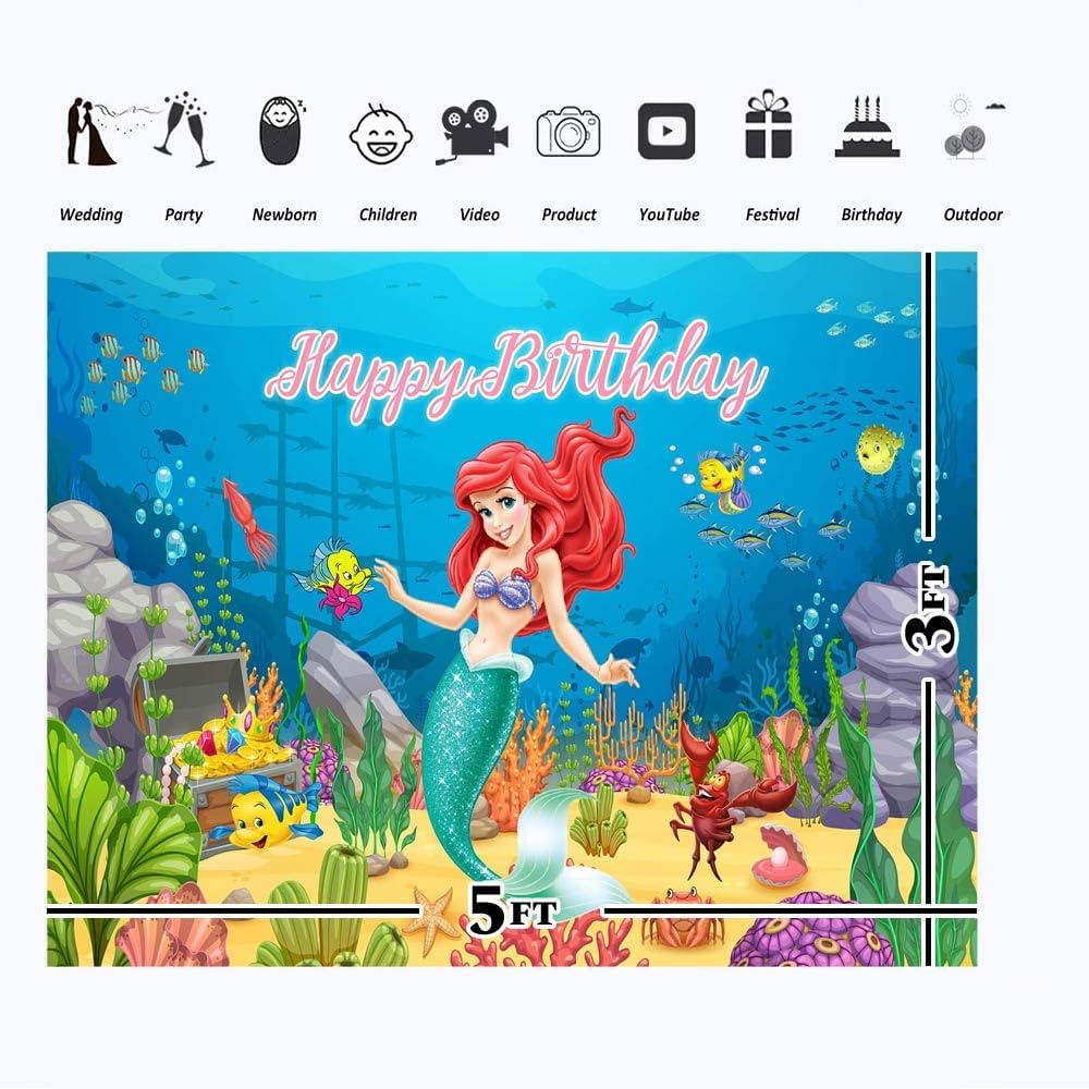 Fondo de vinilo con texto en inglés “Under The Sea Little Sirenita” de 5 x 3 pies, fondo de vinilo blanco de Ariel de sirena para niñas, suministros