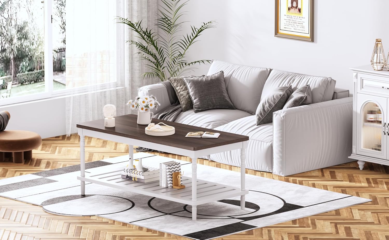 Mesa de centro de granja, madera maciza + MDF rústica, vintage, mesas de sala de estar con estante, marrón y blanco, 43 pulgadas
