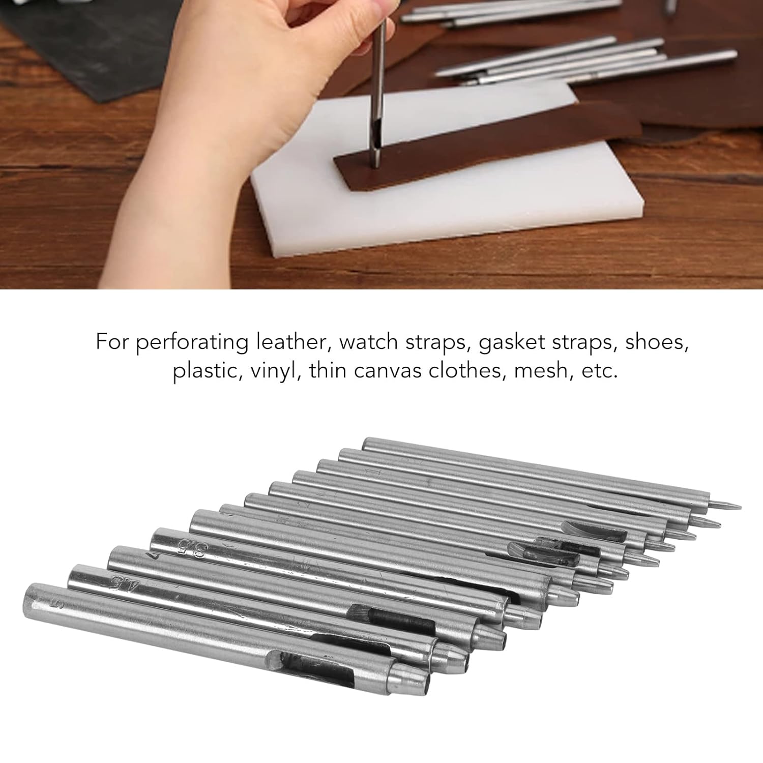 Juego de 12 perforadores de cuero para manualidades, herramientas huecas redondas para correas de reloj, cinturones, lona, papel, goma, material