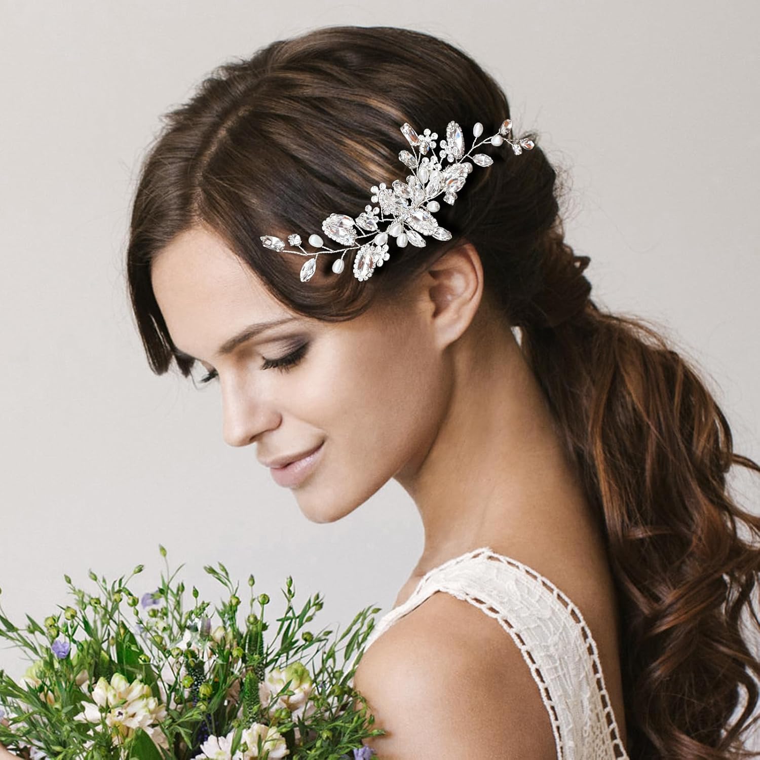 Peine de pelo de novia de cristal con diamantes de imitación de perlas para el cabello de novia, accesorios para el cabello de novia plateados,