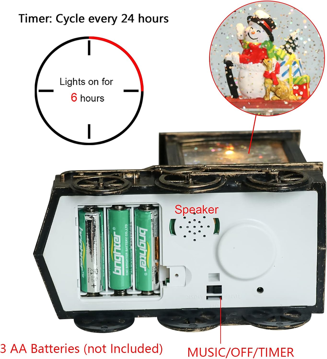 GenSwin Linterna de globo de nieve de Navidad, tren de remolino de agua, purpurina con temporizador de 6 horas, iluminación LED musical, funciona