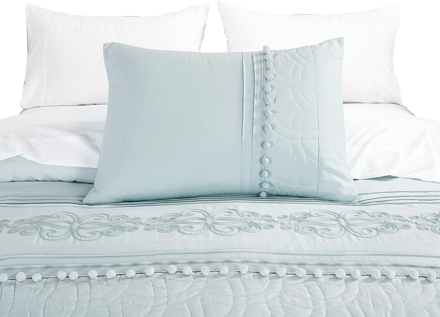 Chezmoi Collection Athena Bed in a Bag – Juego de edredón de 7 piezas de felpilla bordada con pompones y sábanas para todas las estaciones, Queen,