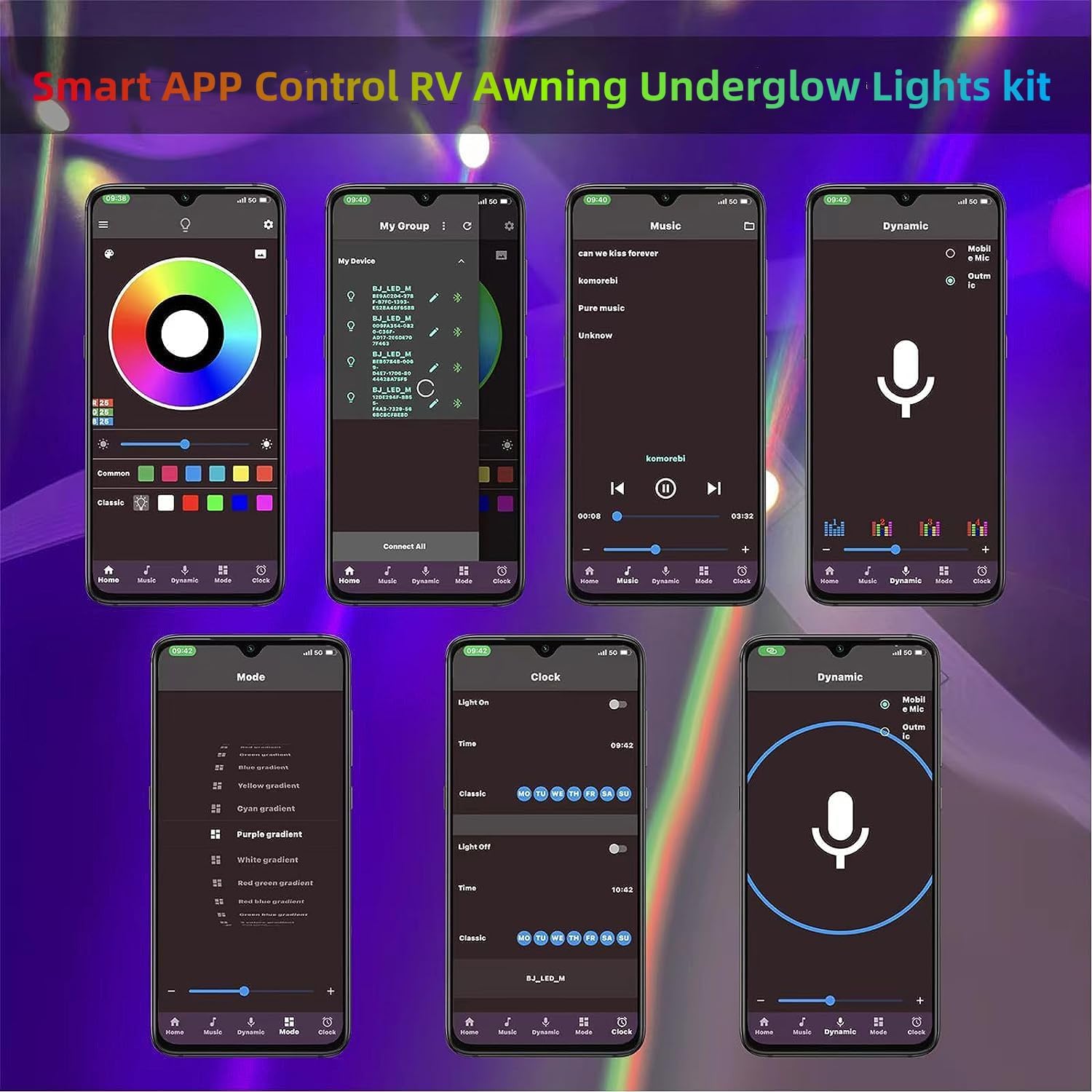 Tira de luces para toldo de autocaravana de 25 pies, luces LED multicolor de 12 V, iluminación de acento para debajo de la carrocería de cámper con