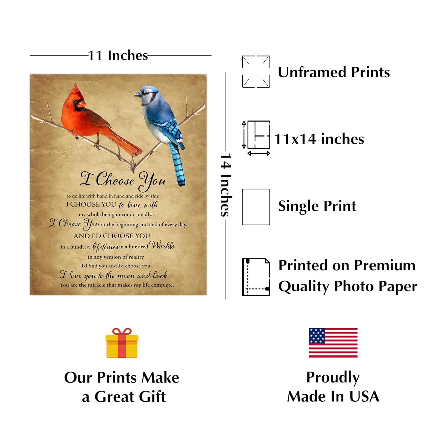 I Choose You – Love Wall Art. Inspirational Marriage Vows, Cardinal & Bluejay Birds Wall Art Print. Ideal For Home Decor & Bedroom Decor. Perfect