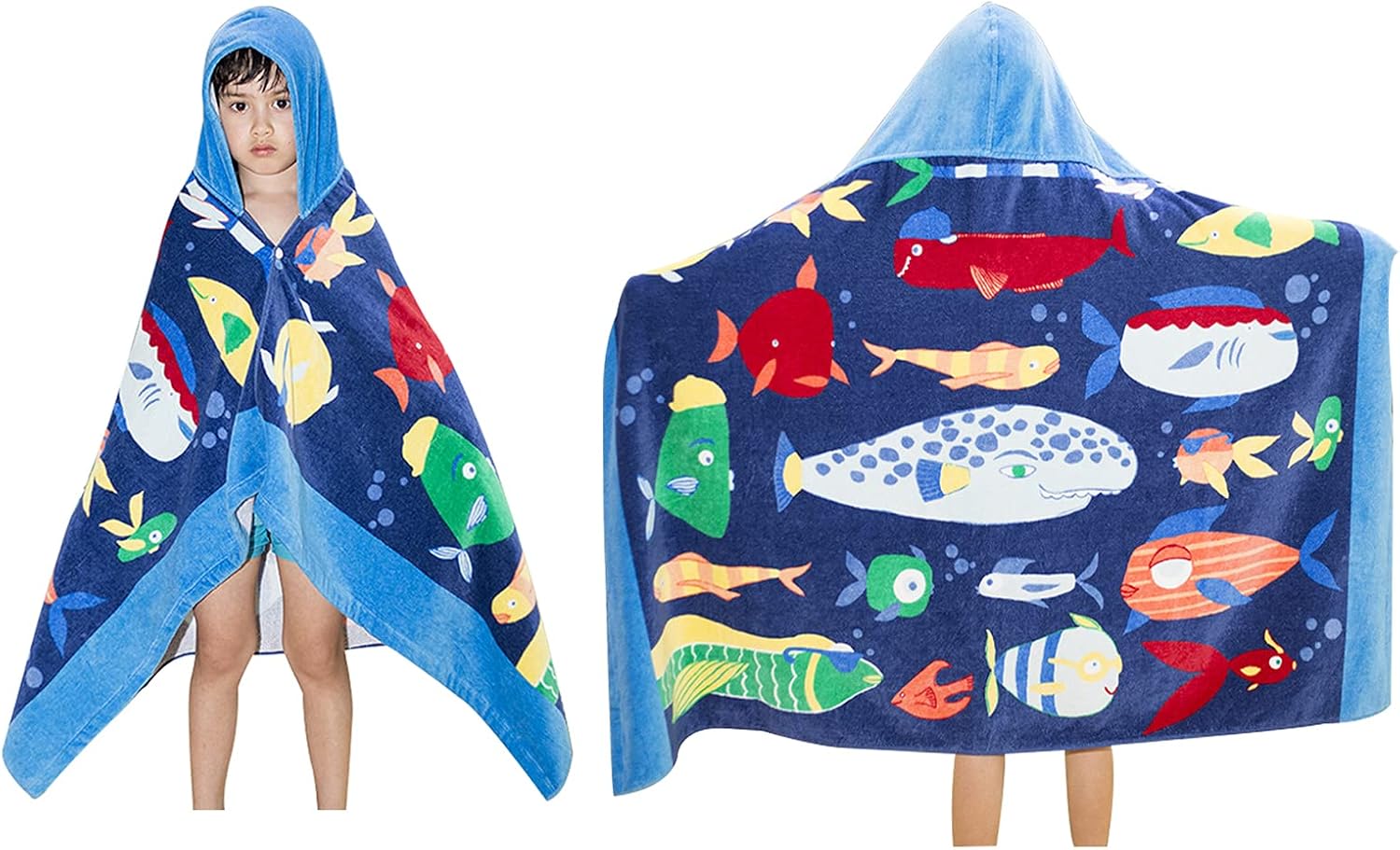BANGSAUR Toallas de baño de playa con capucha para niños, 100% algodón, 50 x 30 pulgadas, bata de baño, niños pequeños de 3 a 12 años, color pez