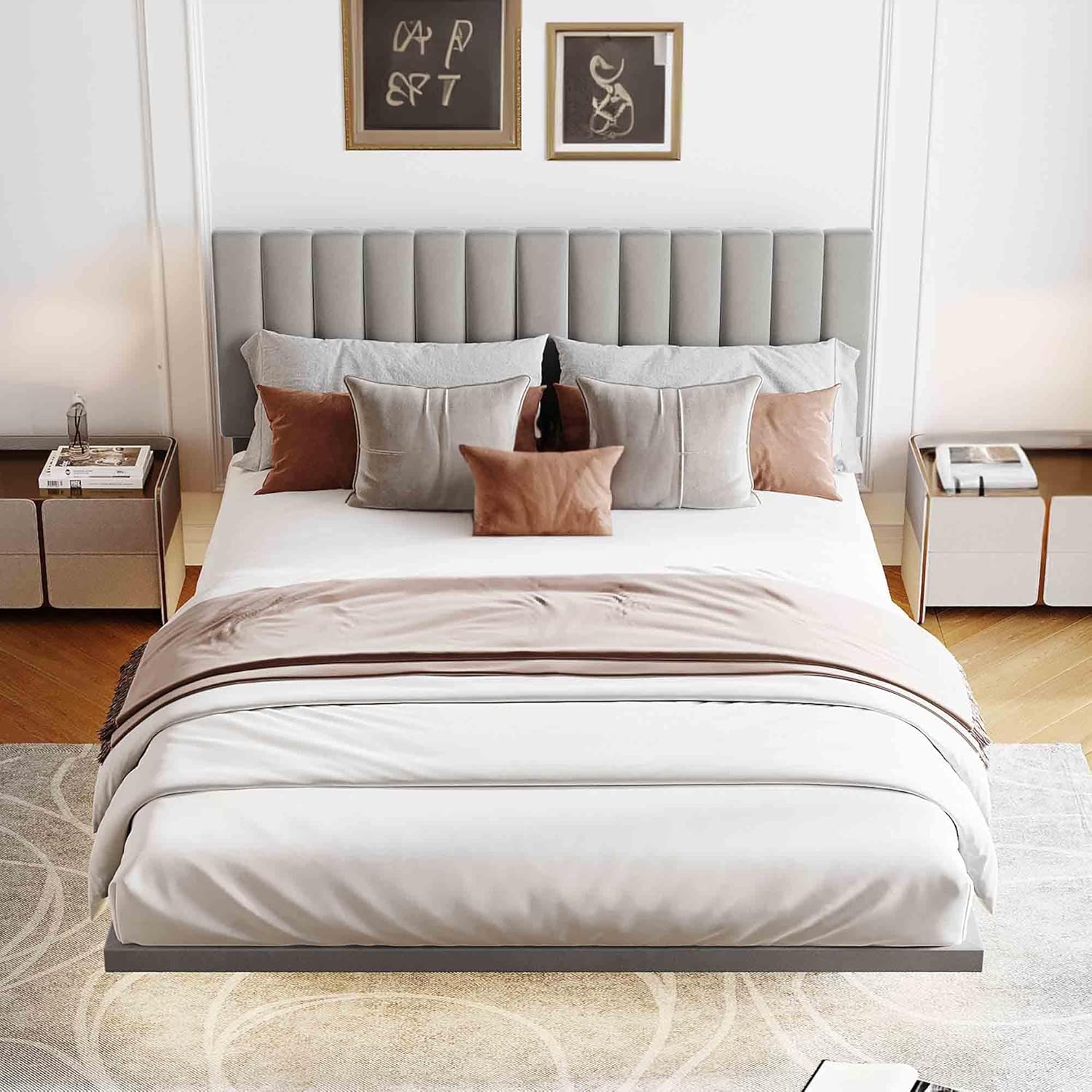 Base de cama flotante Queen con luz LED  cabecero, base de cama moderna de tela de terciopelo, base de colchón, soporte de listones de madera, no