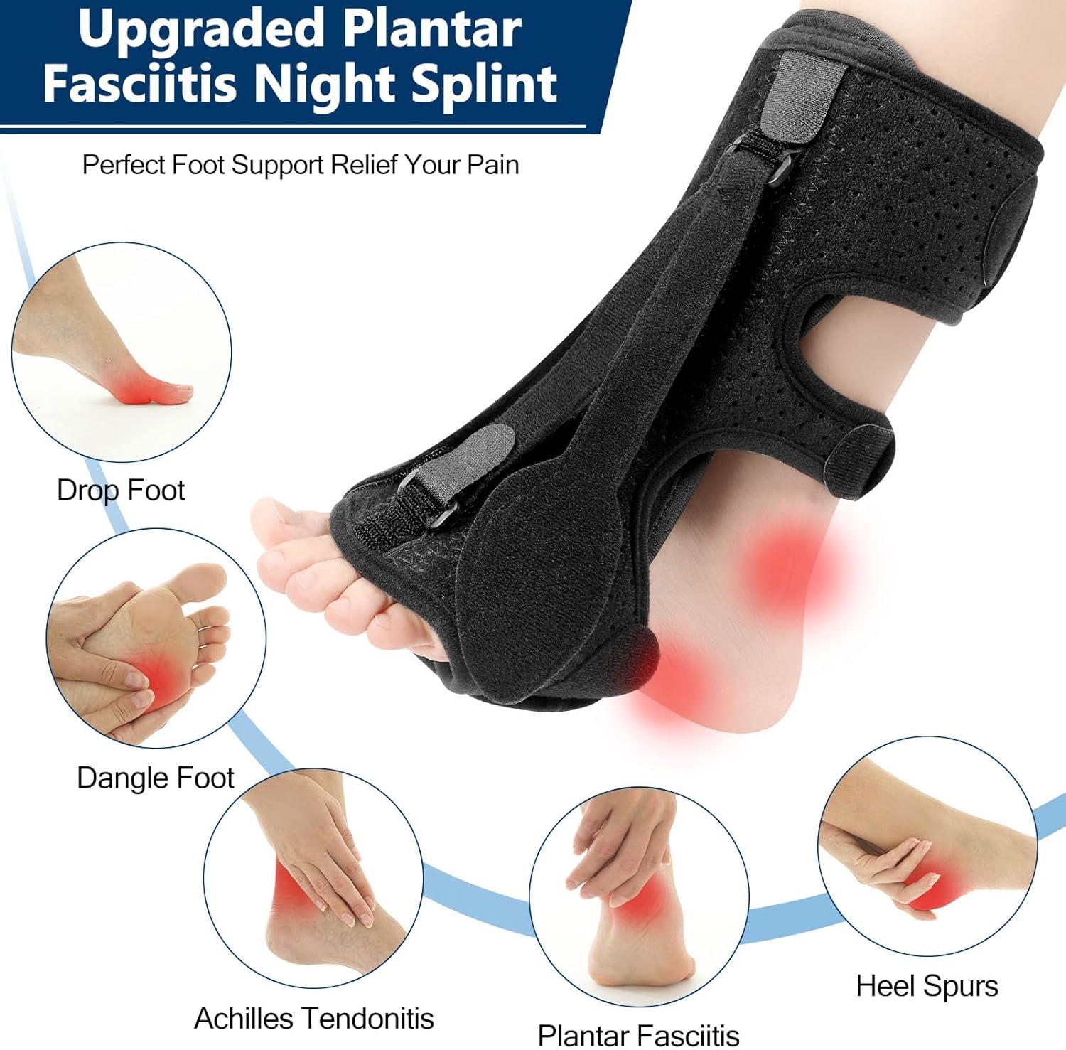 Férula nocturna para fascitis plantar, soporte de alivio de fascitis plantar, 3 correas ajustables, alivio de la fascitis plantar para fascitis