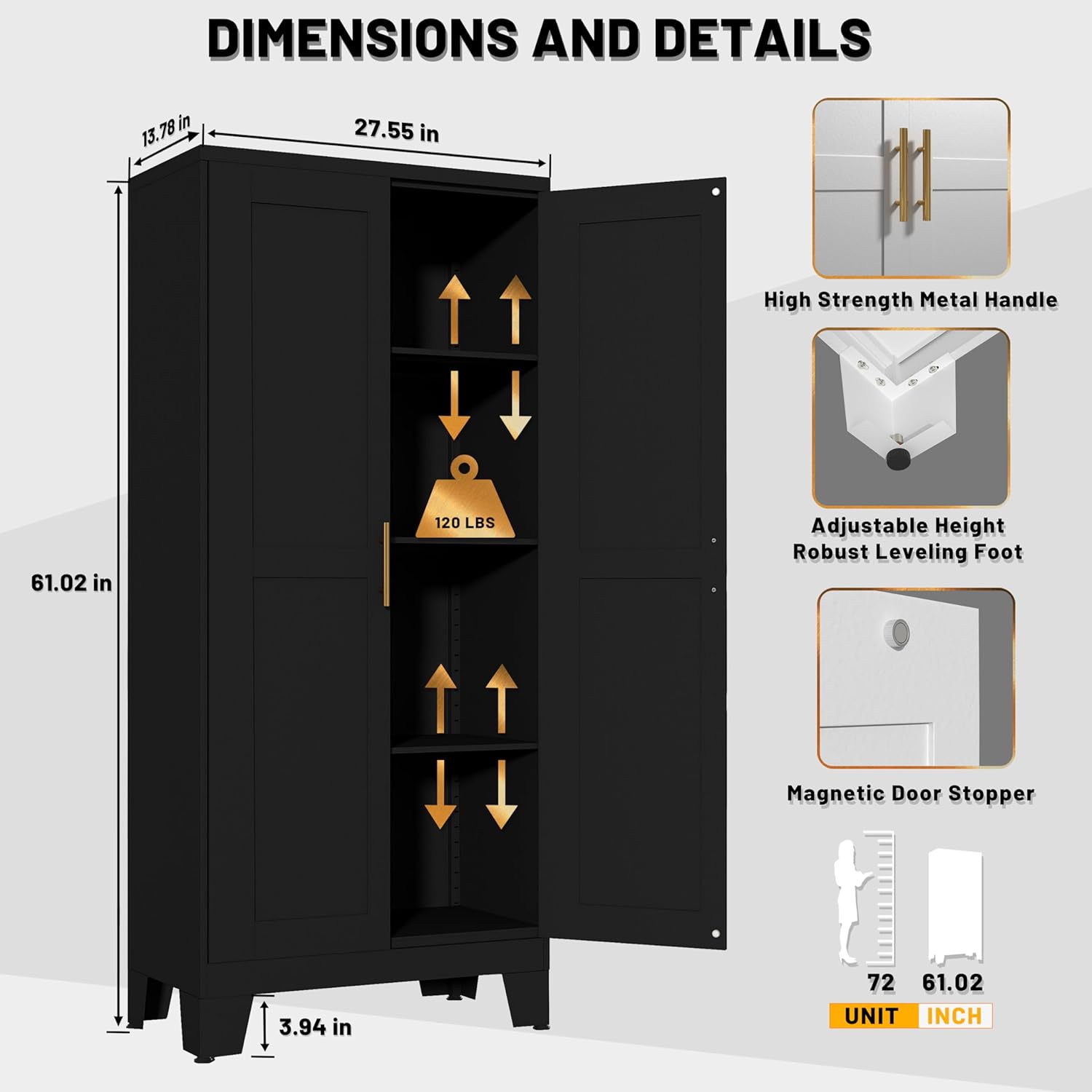 Gabinete de despensa negro de 61 pulgadas, gabinete de almacenamiento de metal, gabinetes de despensa con puertas y estantes, gabinete de