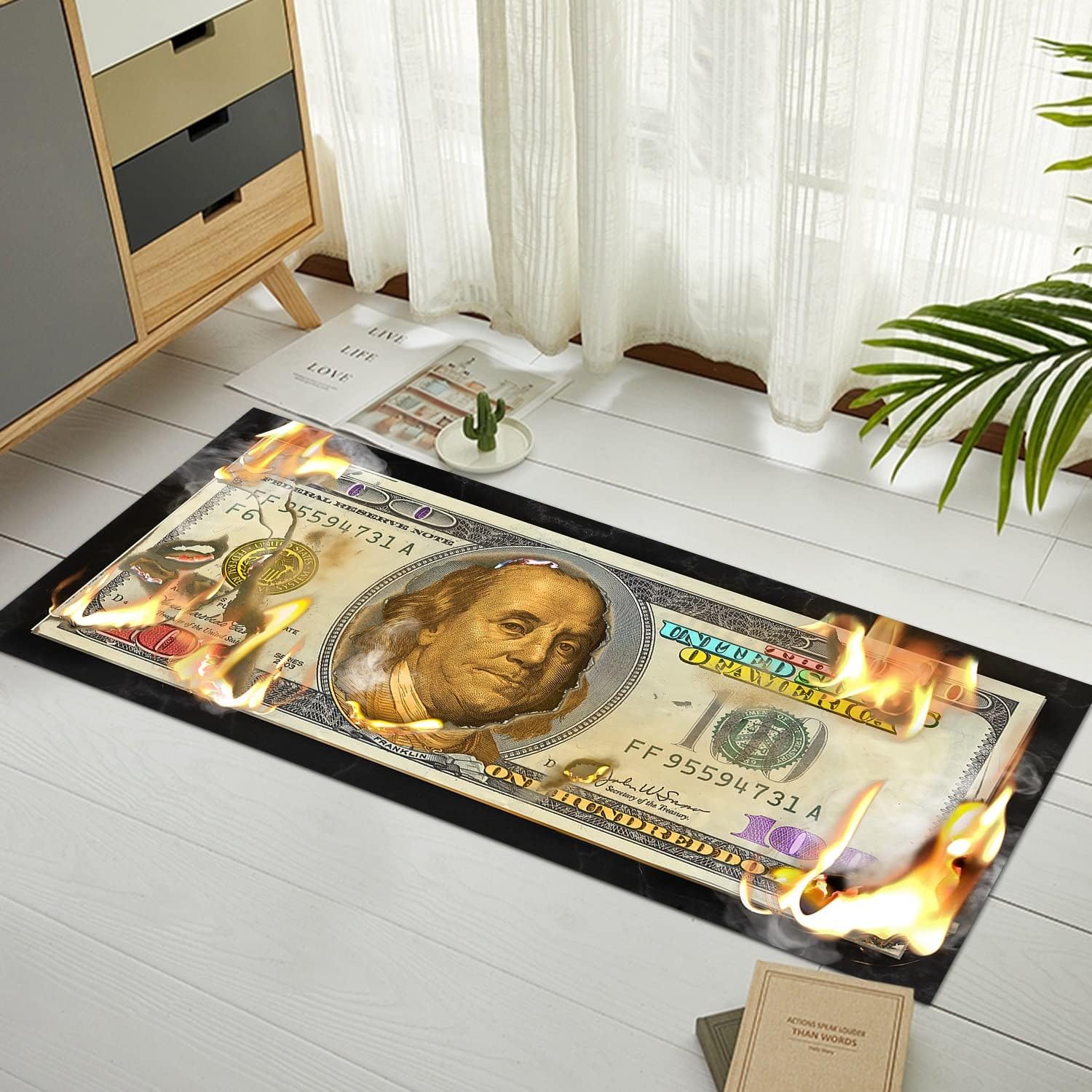 Burning Money – Alfombra decorativa de billetes de 100 dólares, alfombra decorativa creativa para cuarto de servicio, alfombras decorativas para