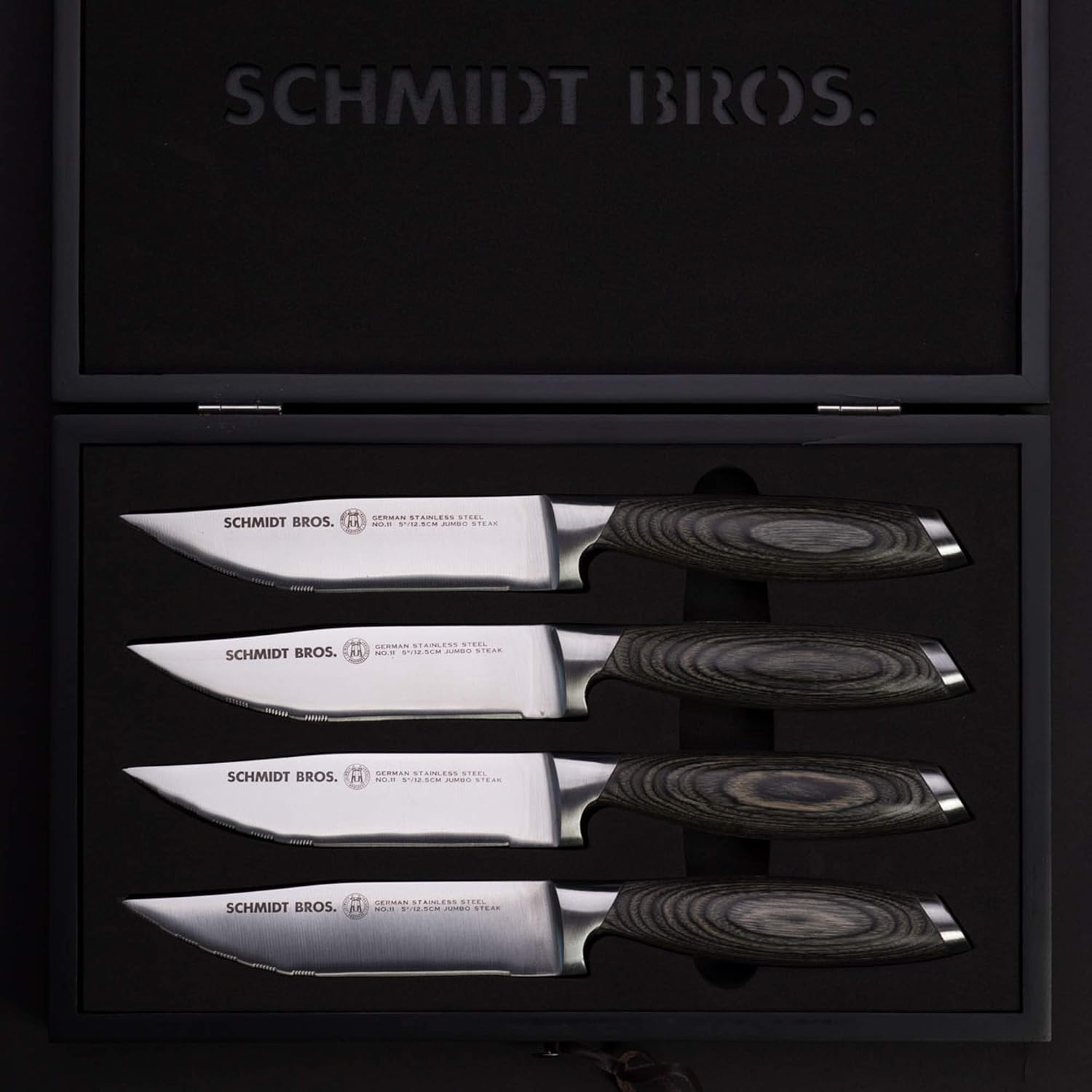 Schmidt Brothers – Juego de 4 cuchillos para carne de ceniza bonded, cubiertos de acero inoxidable alemán de alto carbono en una caja de regalo de
