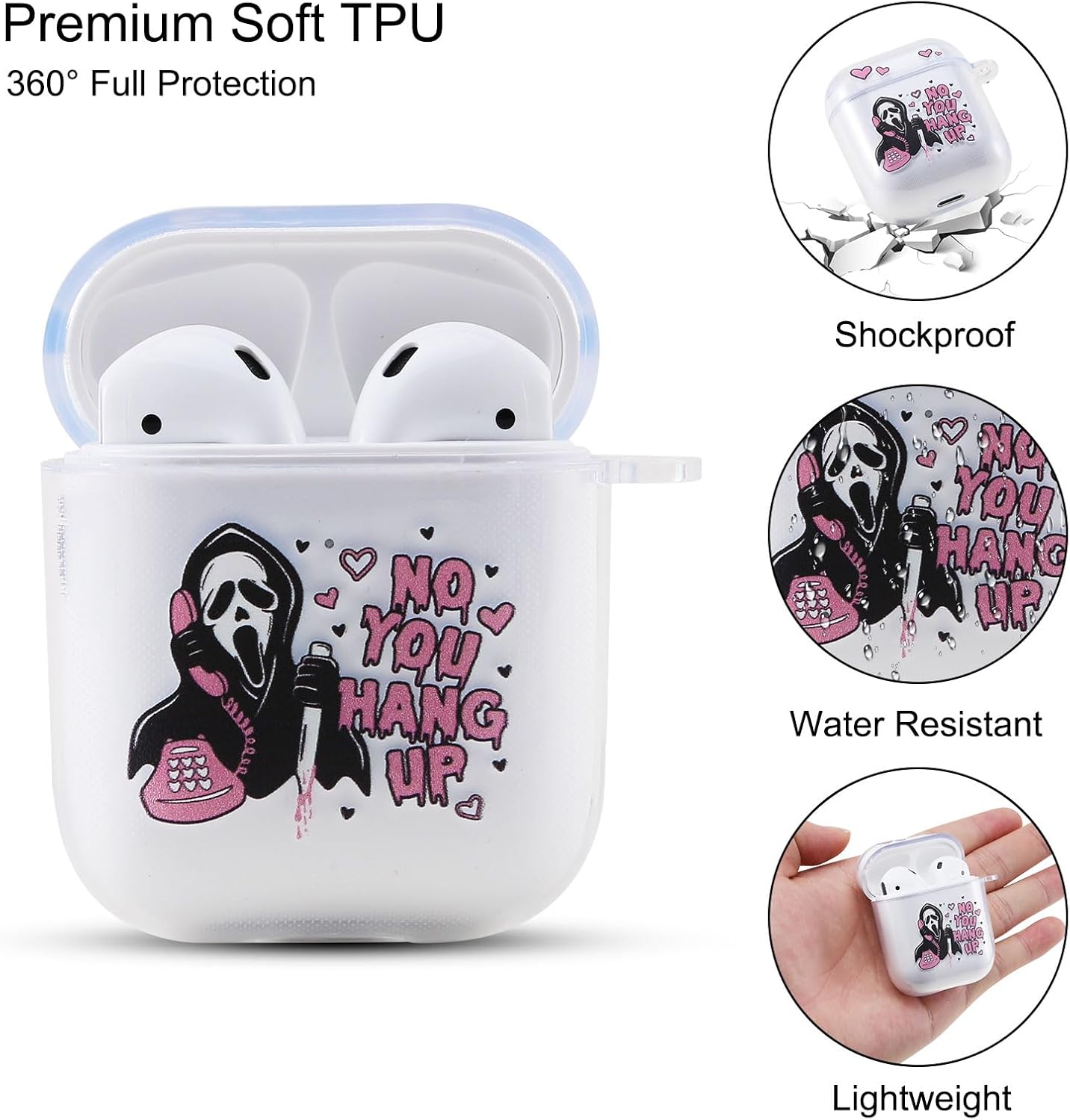 Funda para Airpods de 2 generación, bonita funda transparente para Airpods de 1 y 2 generación, funda divertida de película de terror con llavero,